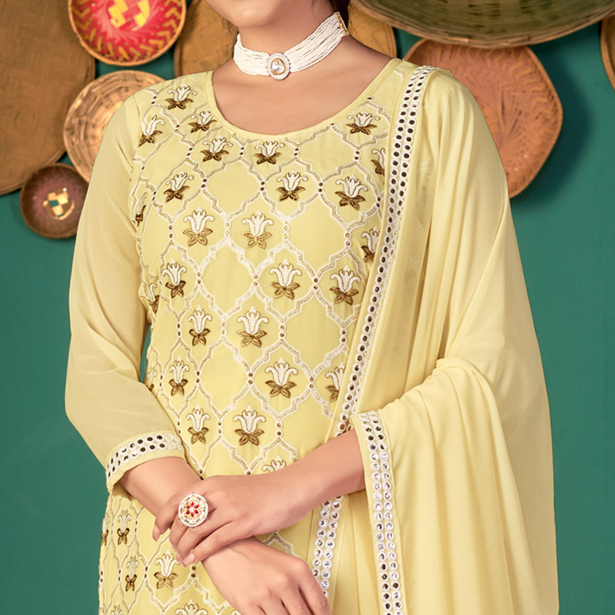 Yellow Floral Embroidered Georgette Suit