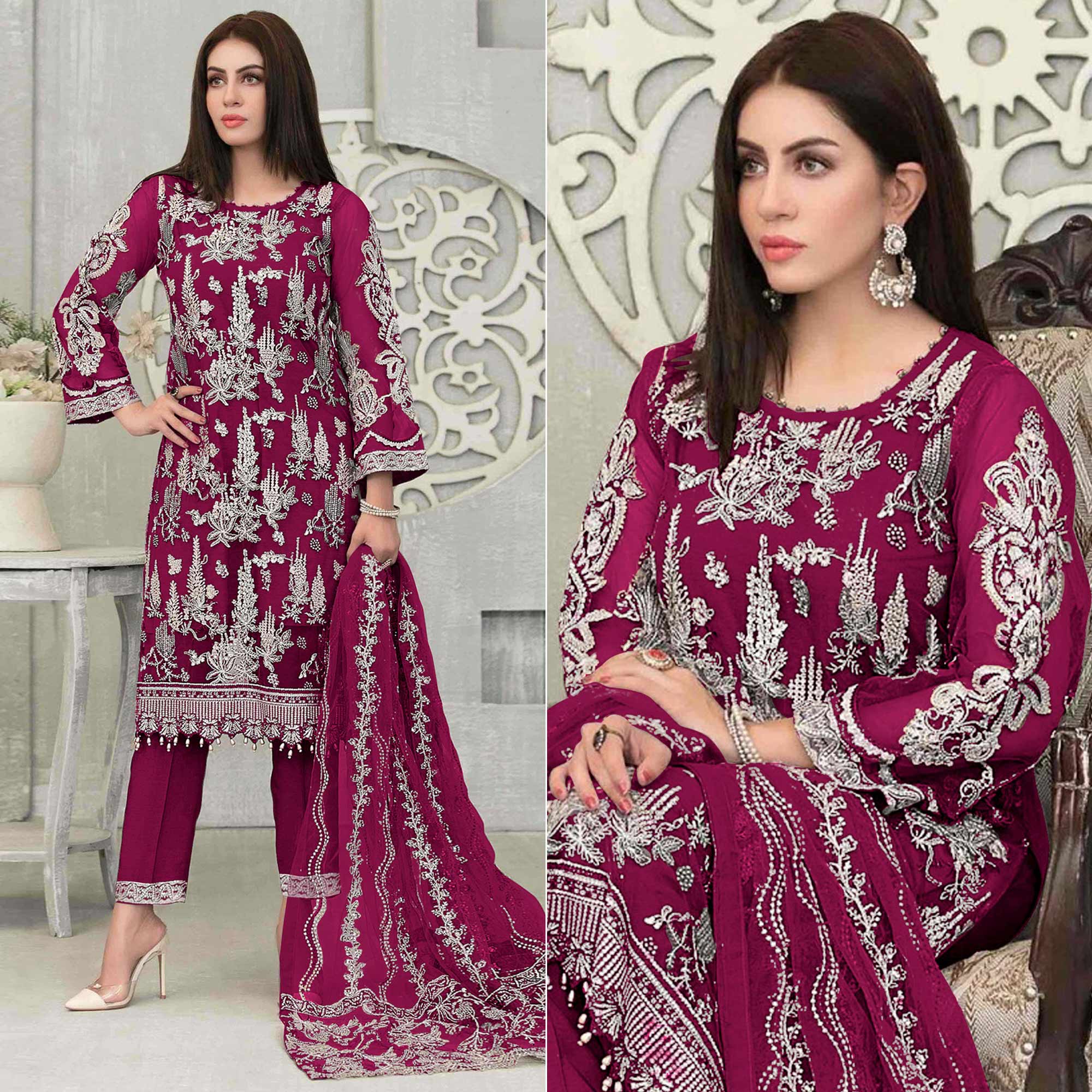 Pink Floral Embroidered Georgette Pakistani Suit