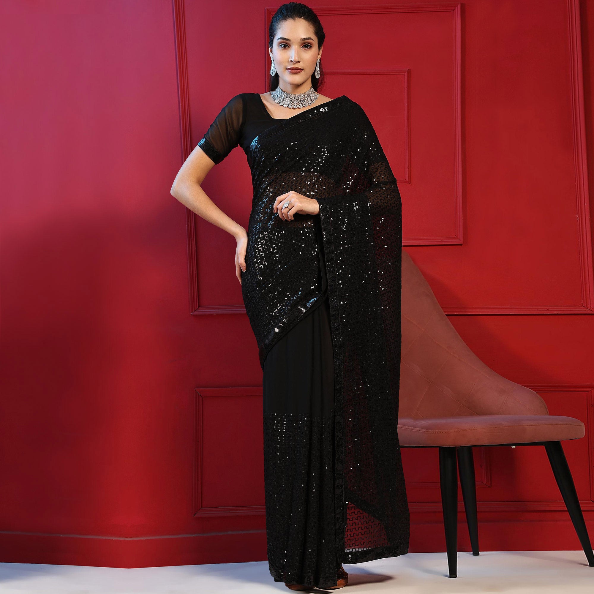 Black Sequins Embroidered Georgette Saree