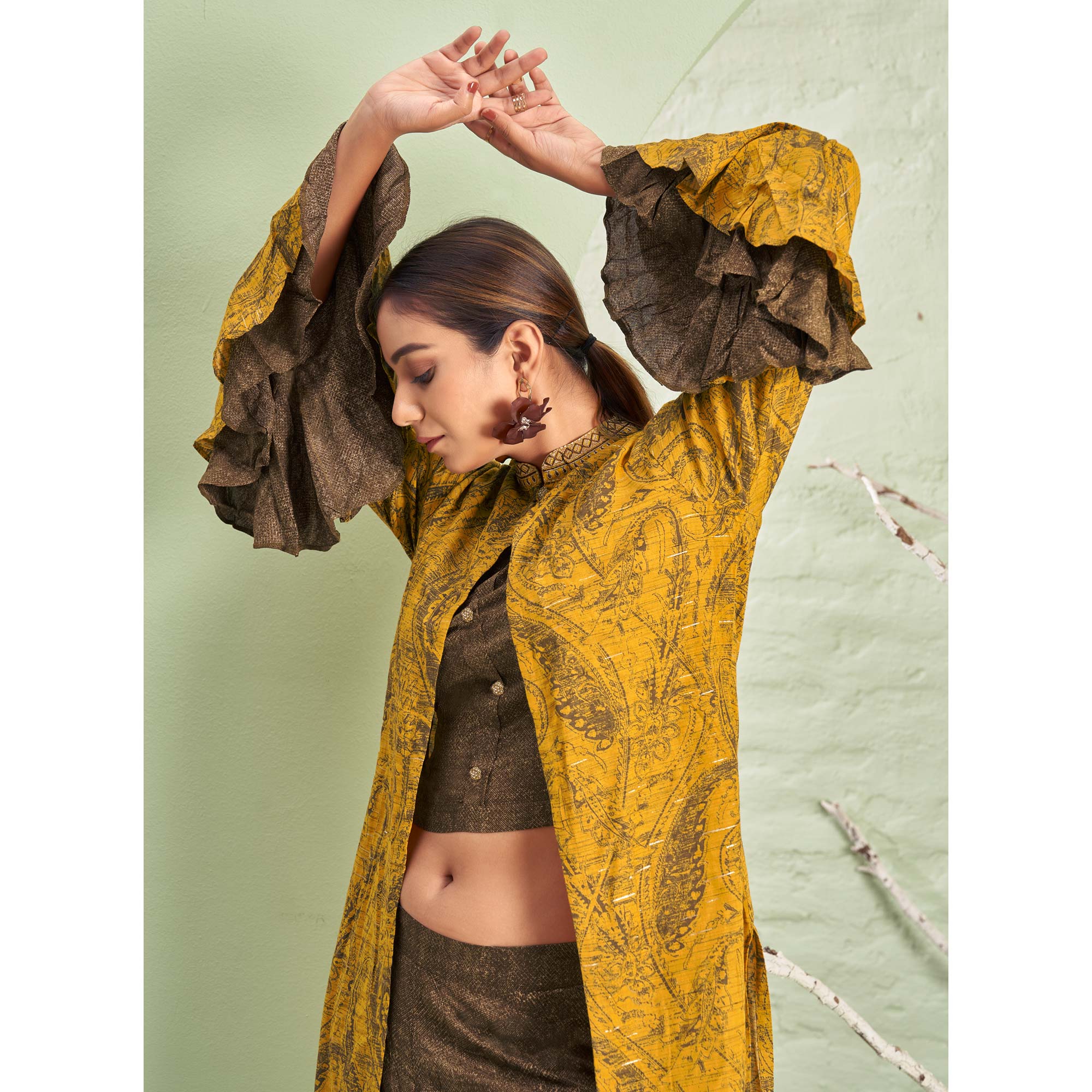 Mustard & Brown Printed Rayon Palazzo Suit With Jacket