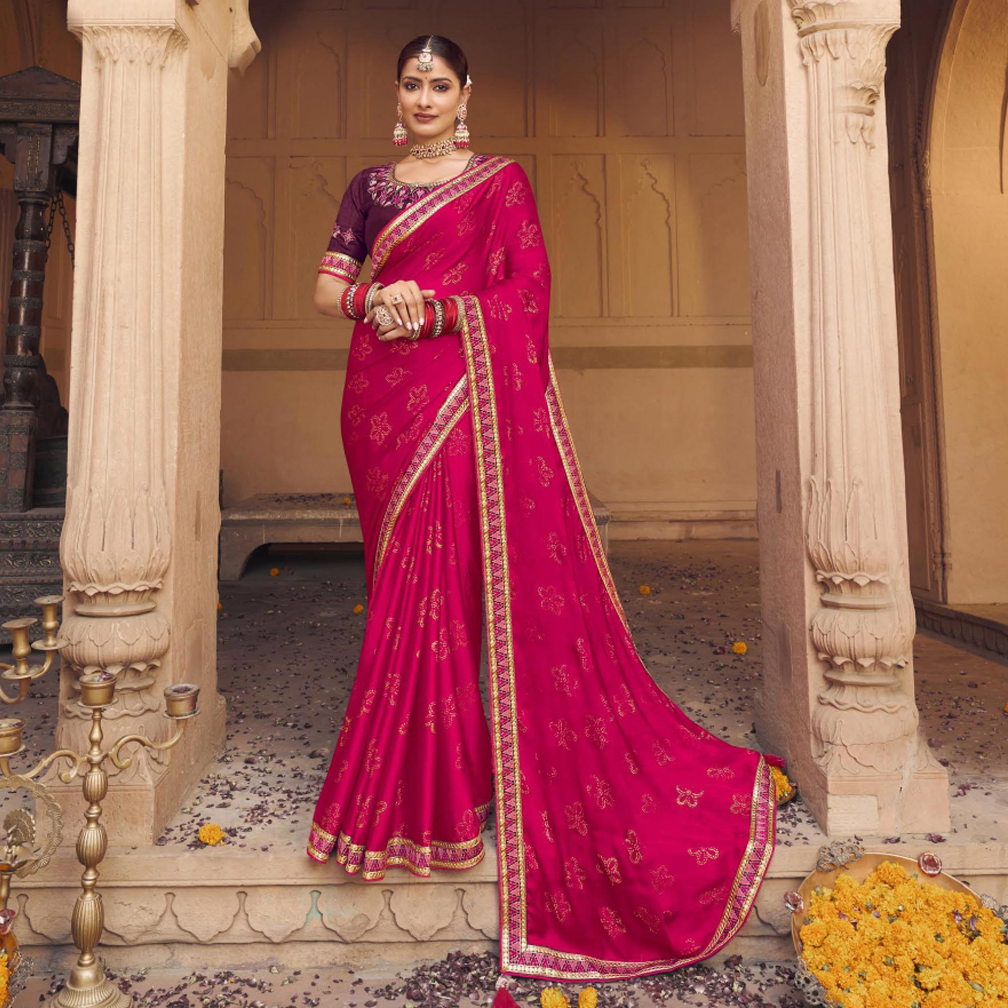 Rani Pink Embellished With Embroidered Border Satin Saree