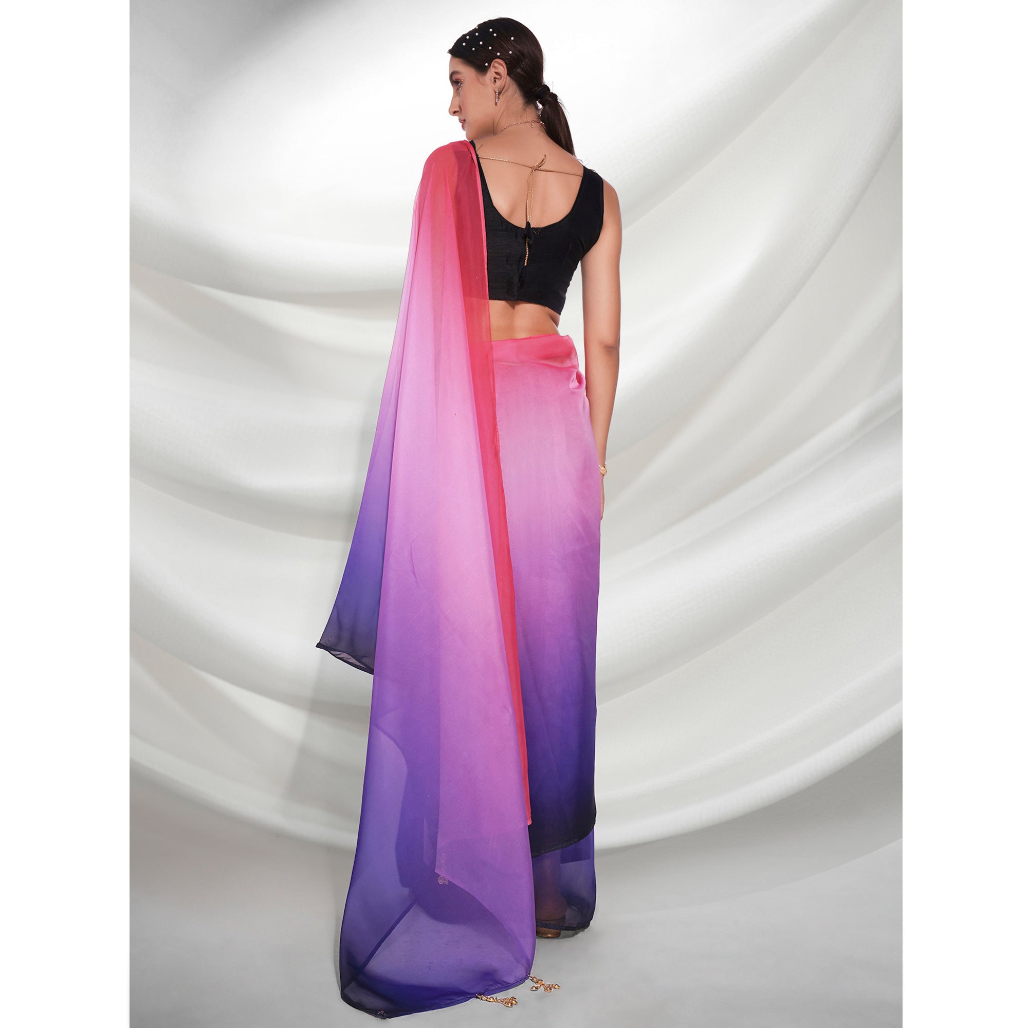 Violet And Pink Printed Organza Saree