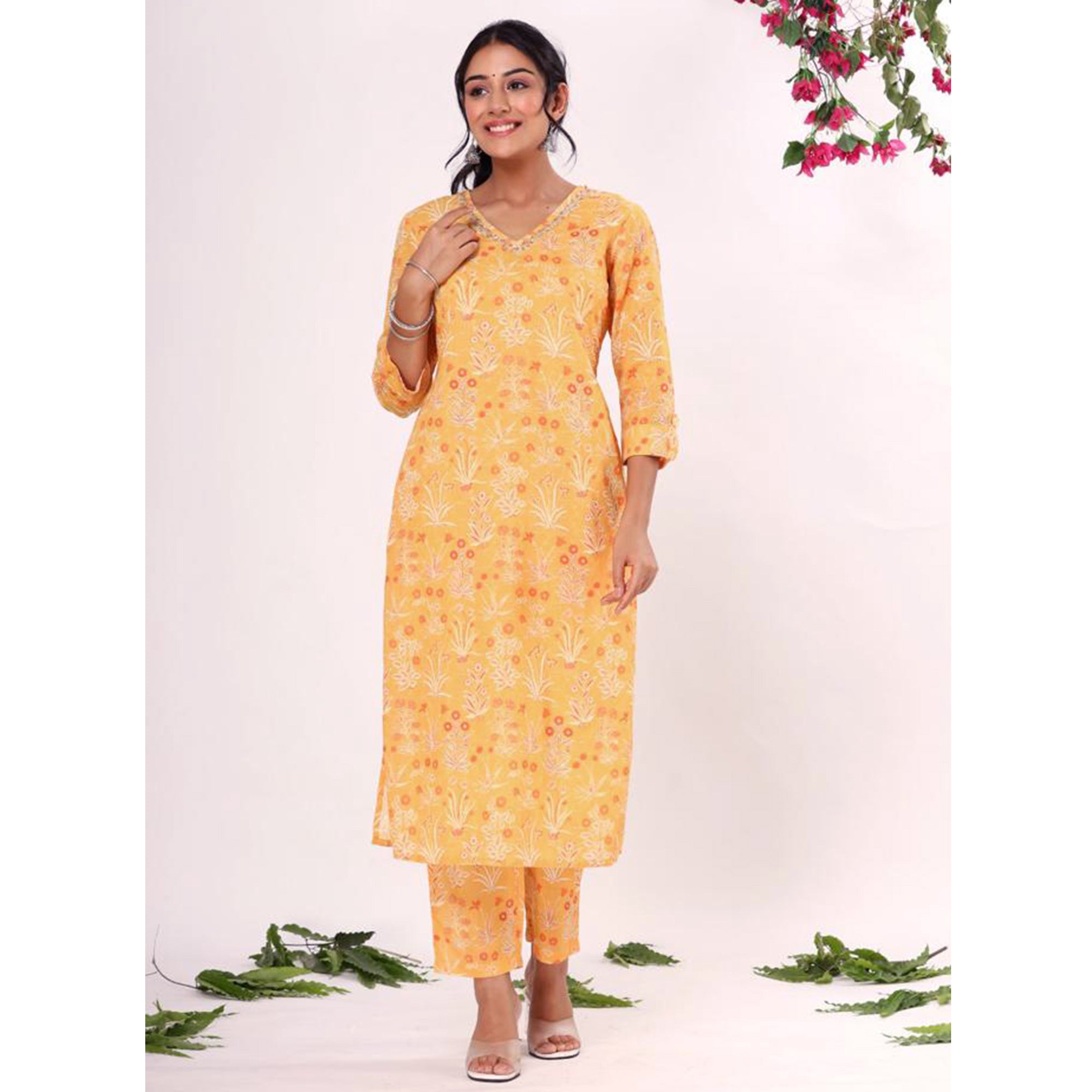 Yellow Floral Printed Pure Cotton Suit