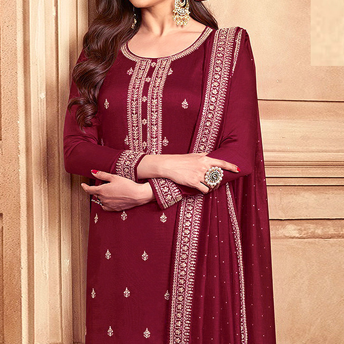 Maroon Floral Embroidered Georgette Semi Stitched Palazzo Suit