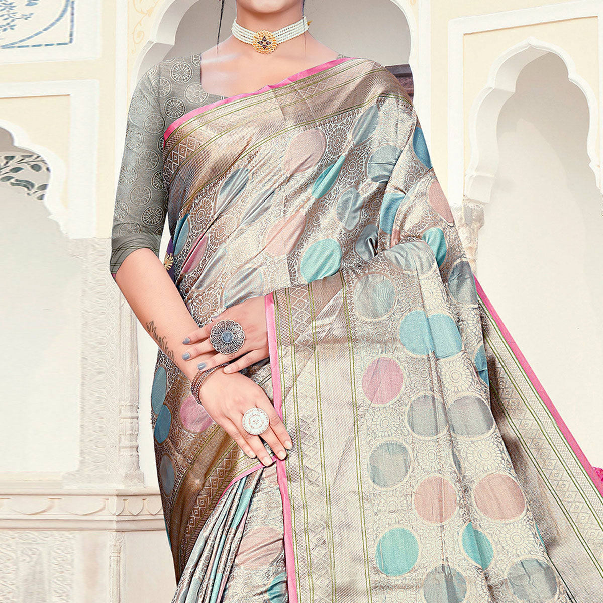 Grey Floral Woven Organza Saree With Tassels