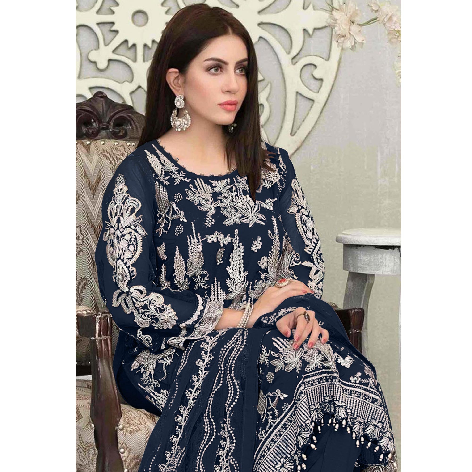 Rama Blue Floral Embroidered Georgette Pakistani Suit
