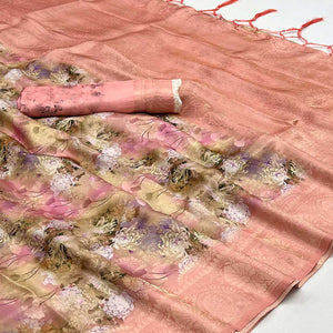 Peach Floral Digital Printed Jacquard Saree