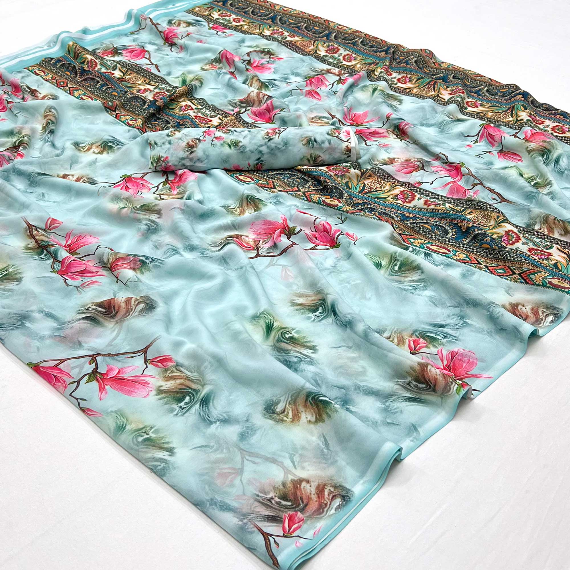 Blue Floral Digital Printed Georgette Saree