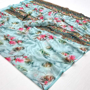 Blue Floral Digital Printed Georgette Saree