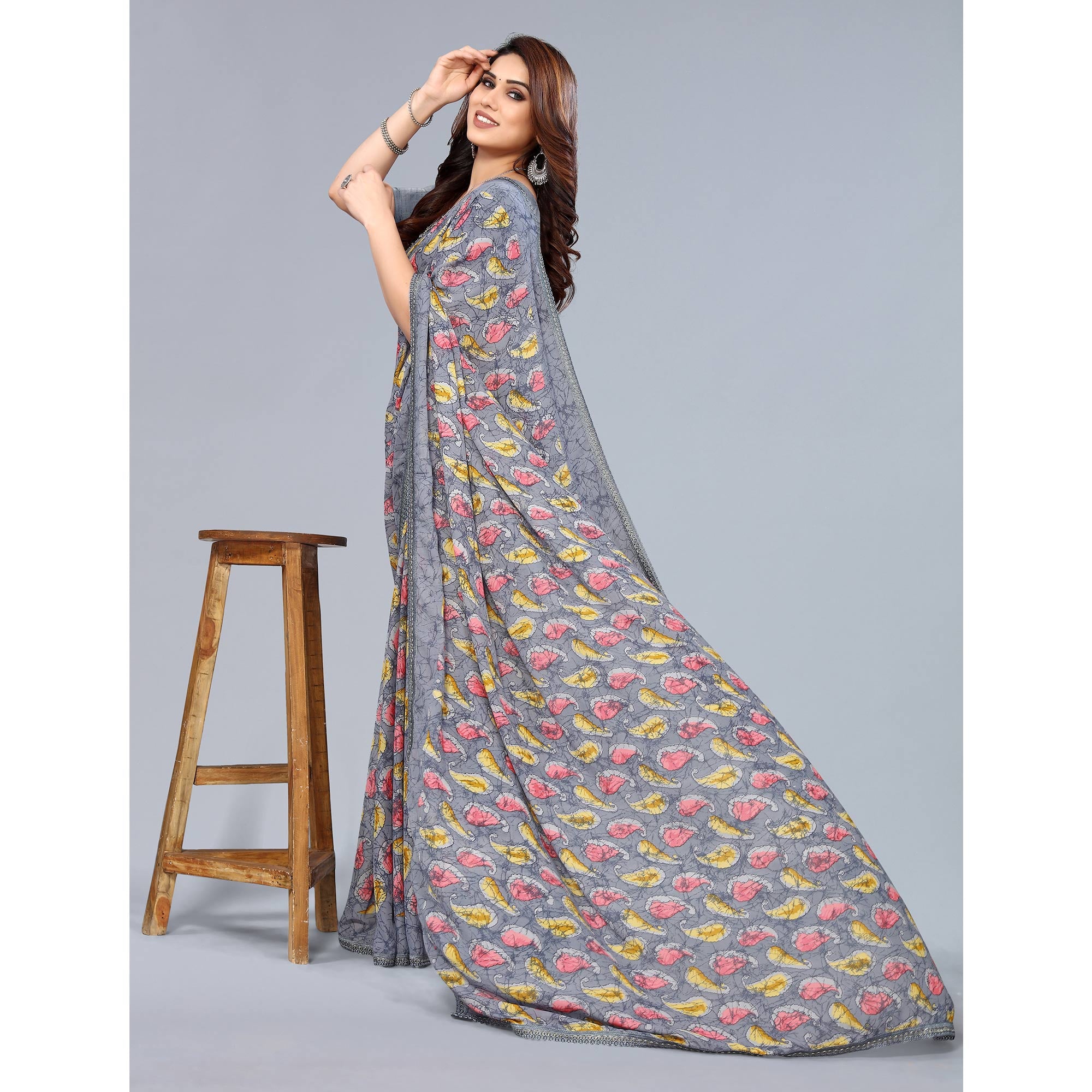 Grey Printed Georgette Saree With Crochet Border
