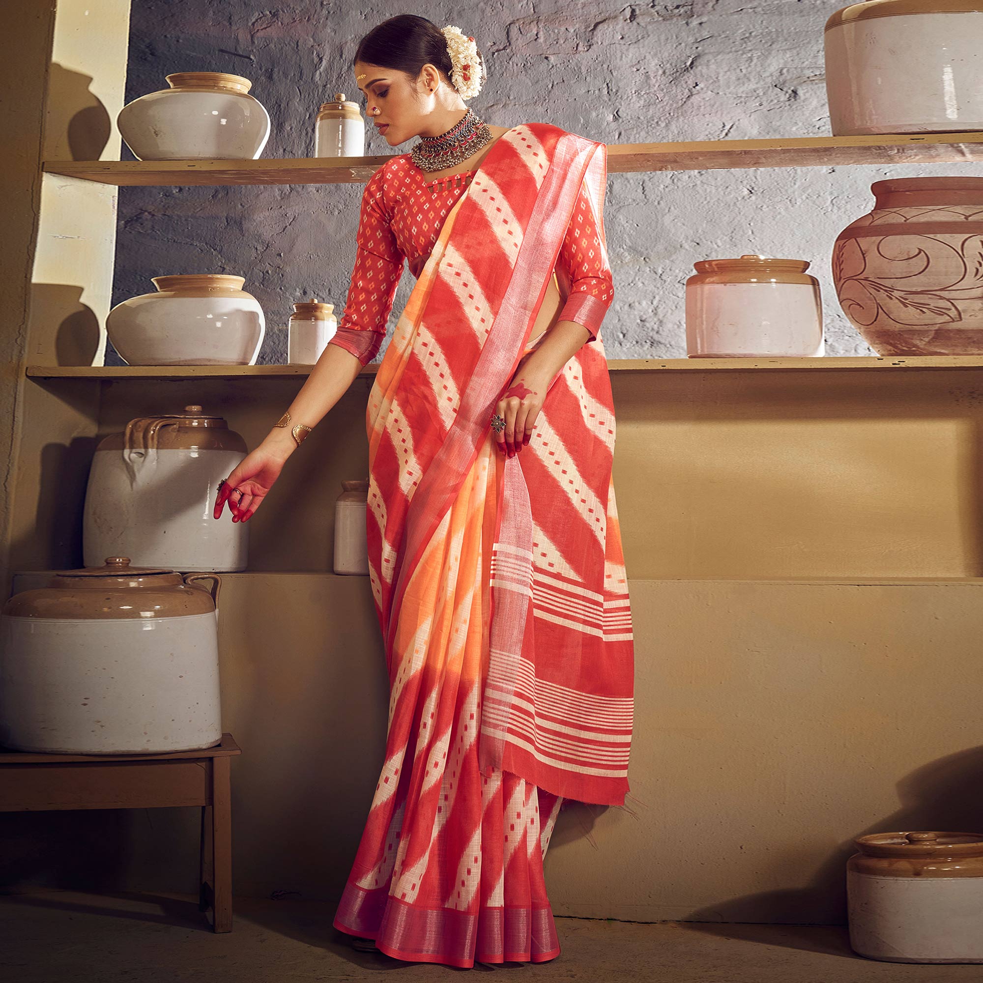 Orange & Red Printed With Zari Border Linen Saree