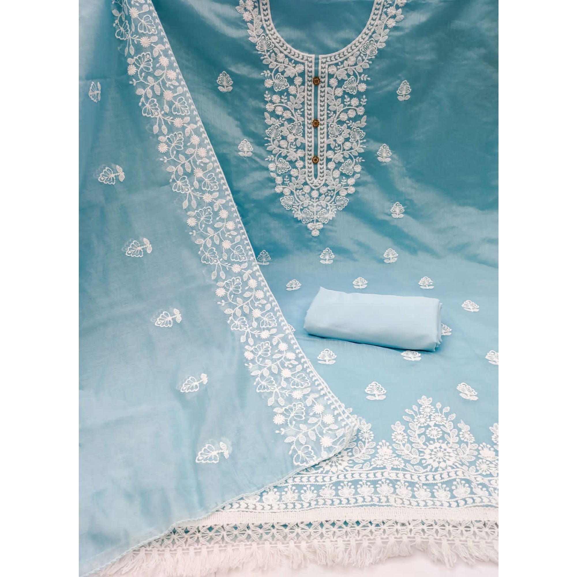 Sky Blue Floral Embroidered Modal Dress Material