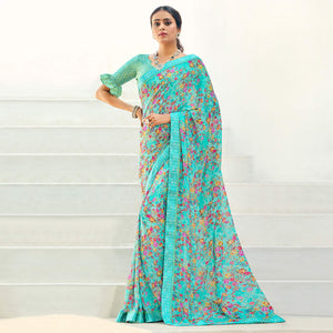Blue Floral Printed Georgette Saree
