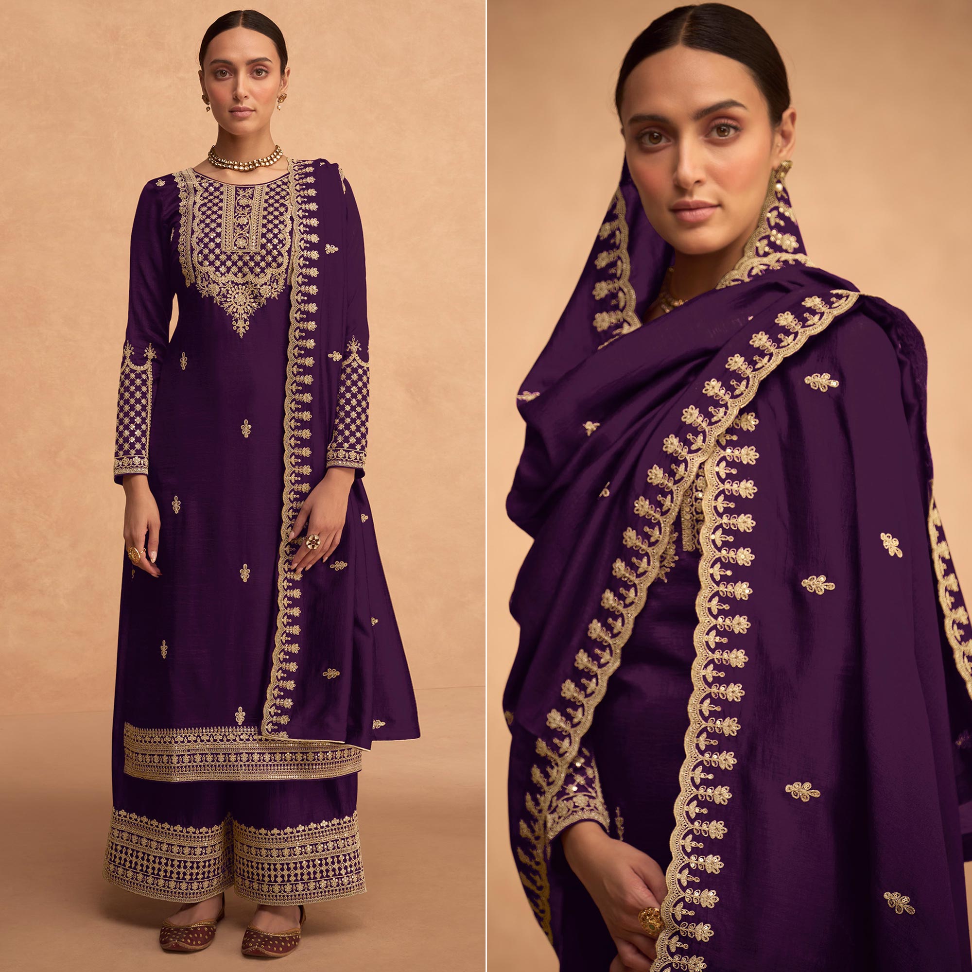 Purple Sequins Embroidered Georgette Palazzo Suit
