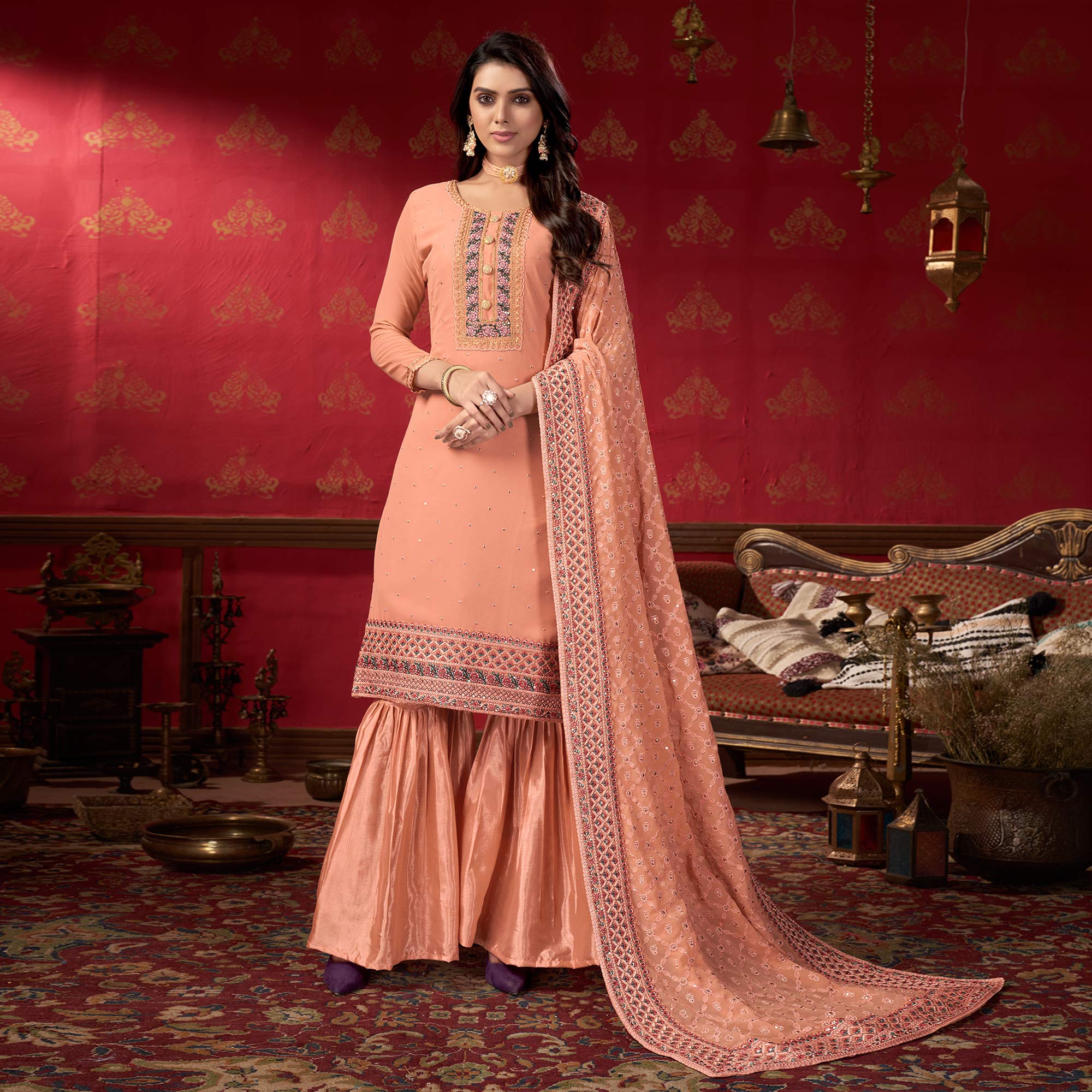 Peach Embroidered Georgette Sharara Suit