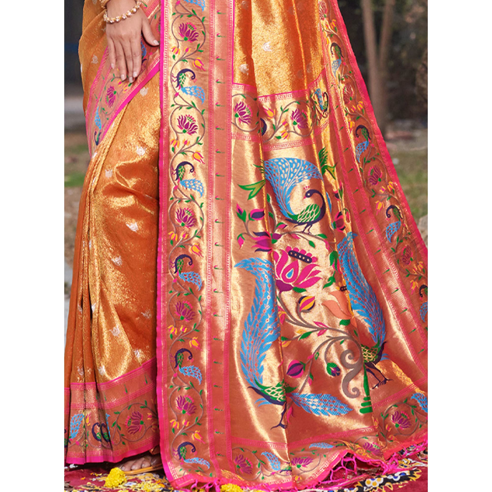 Orange Woven Art Silk Paithani Saree With Tassels