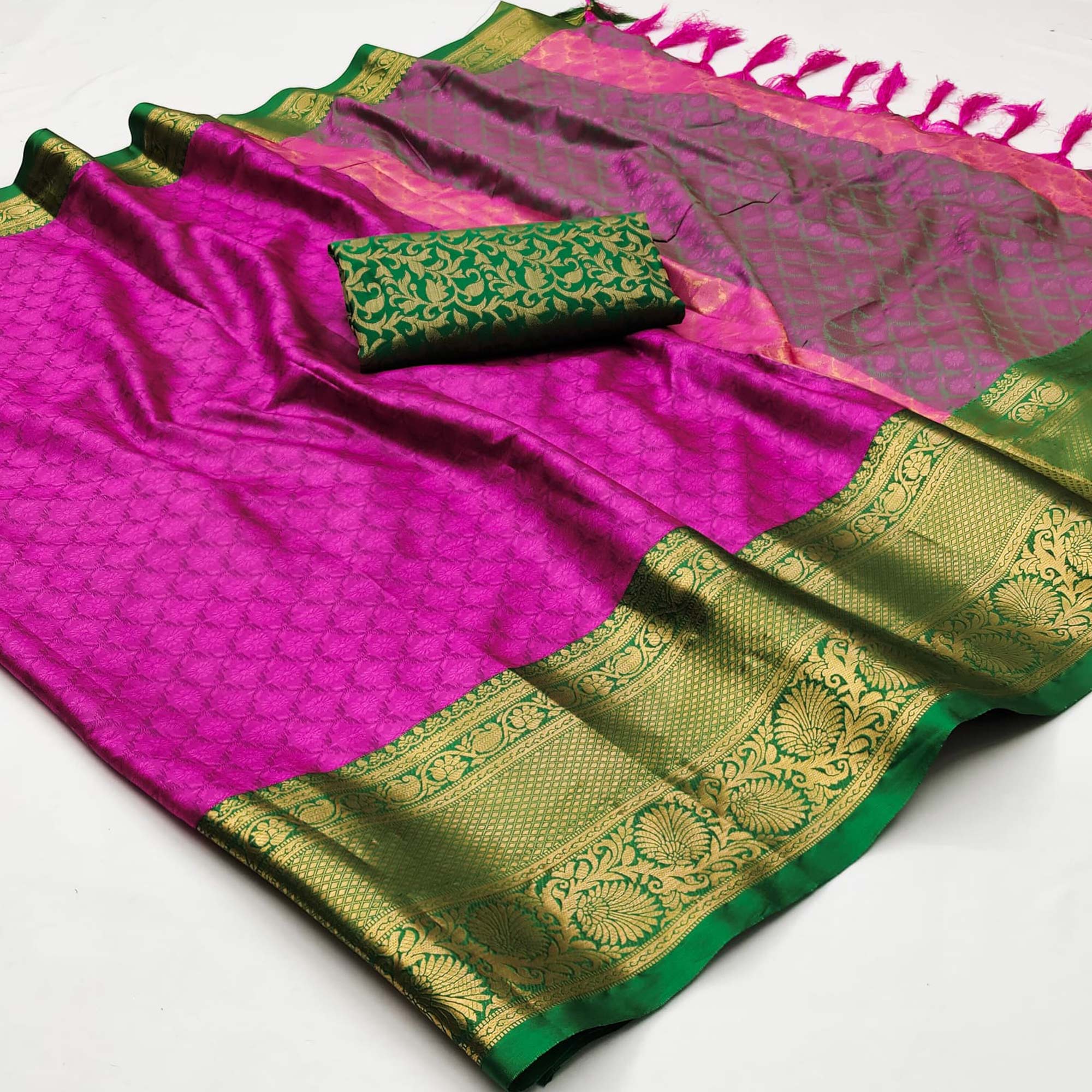 Rani Pink Printed And Woven Cotton Silk Saree With Tassels
