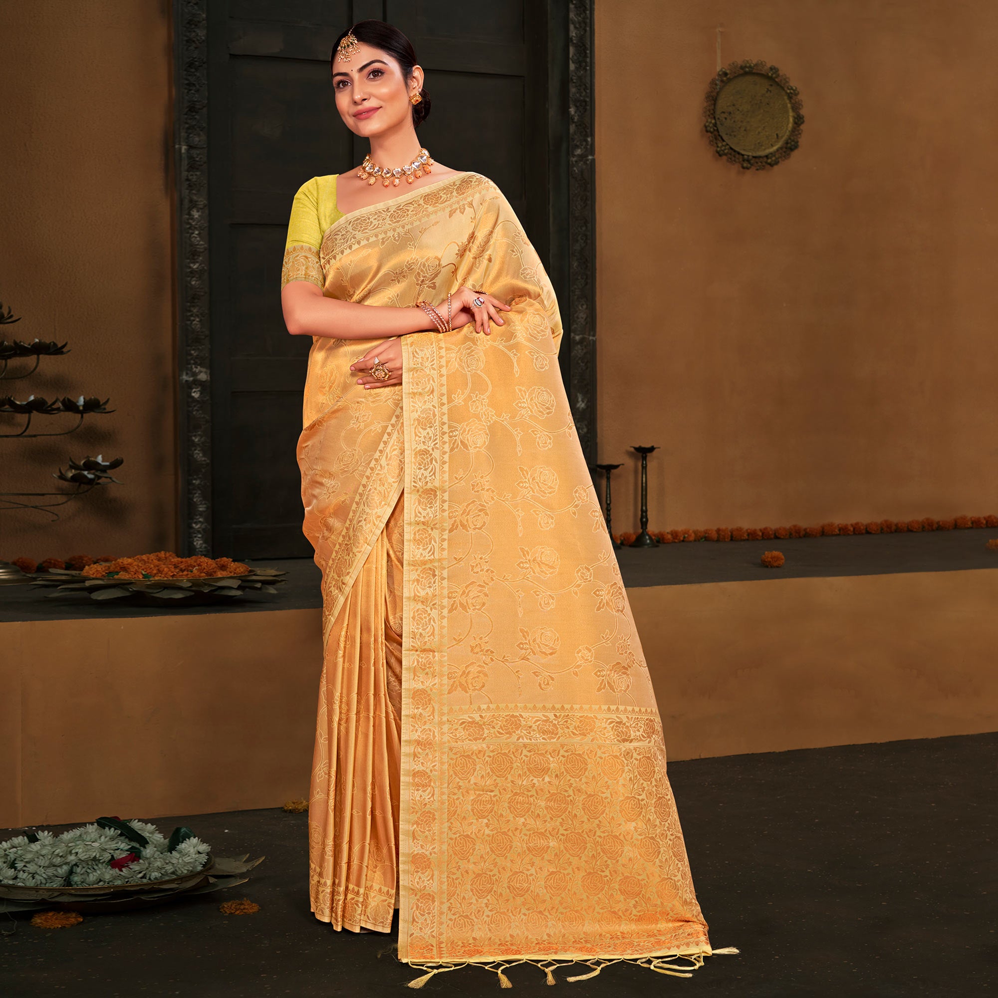 Yellow Woven Art Silk Saree With Tassels