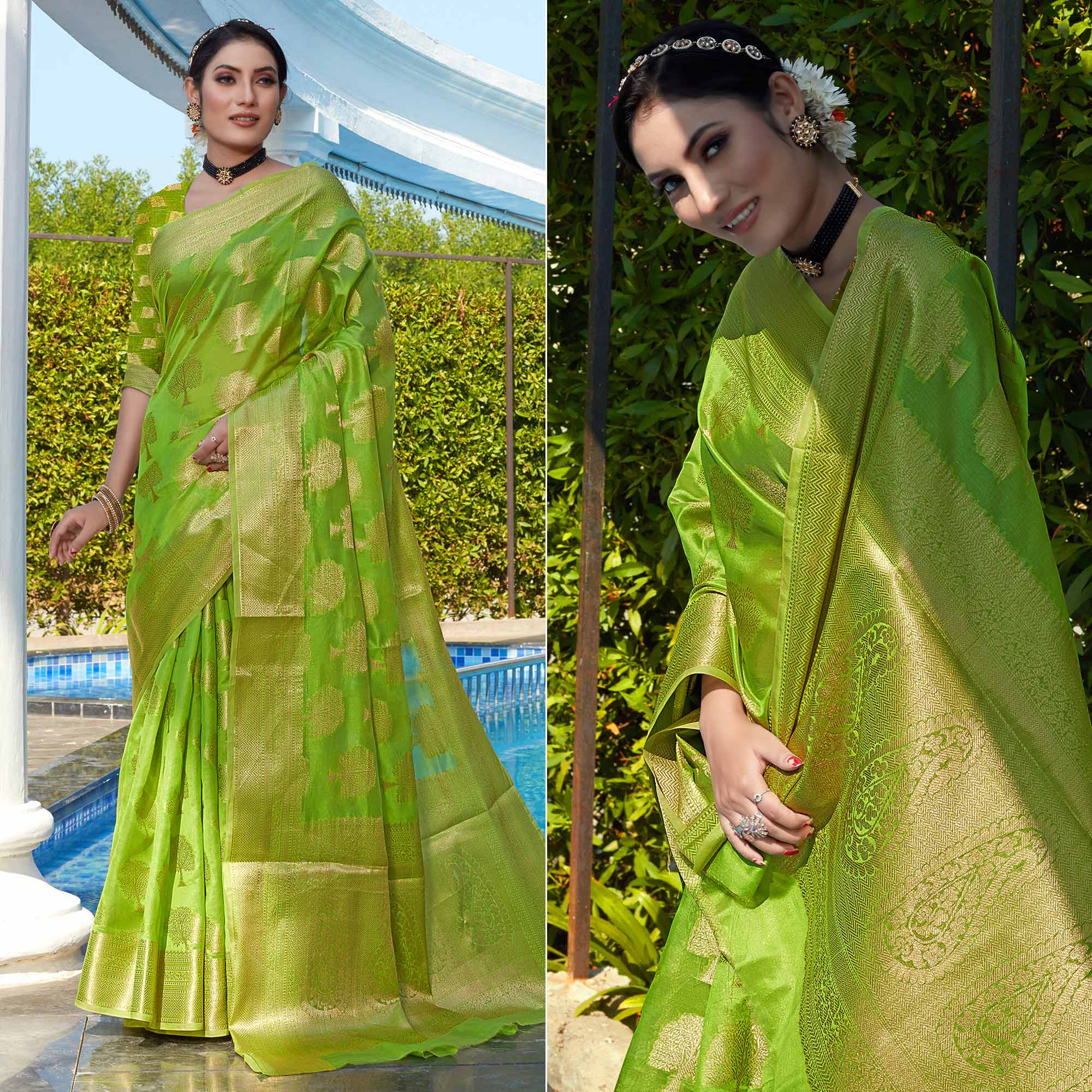 Parrot Green Woven Organza Saree