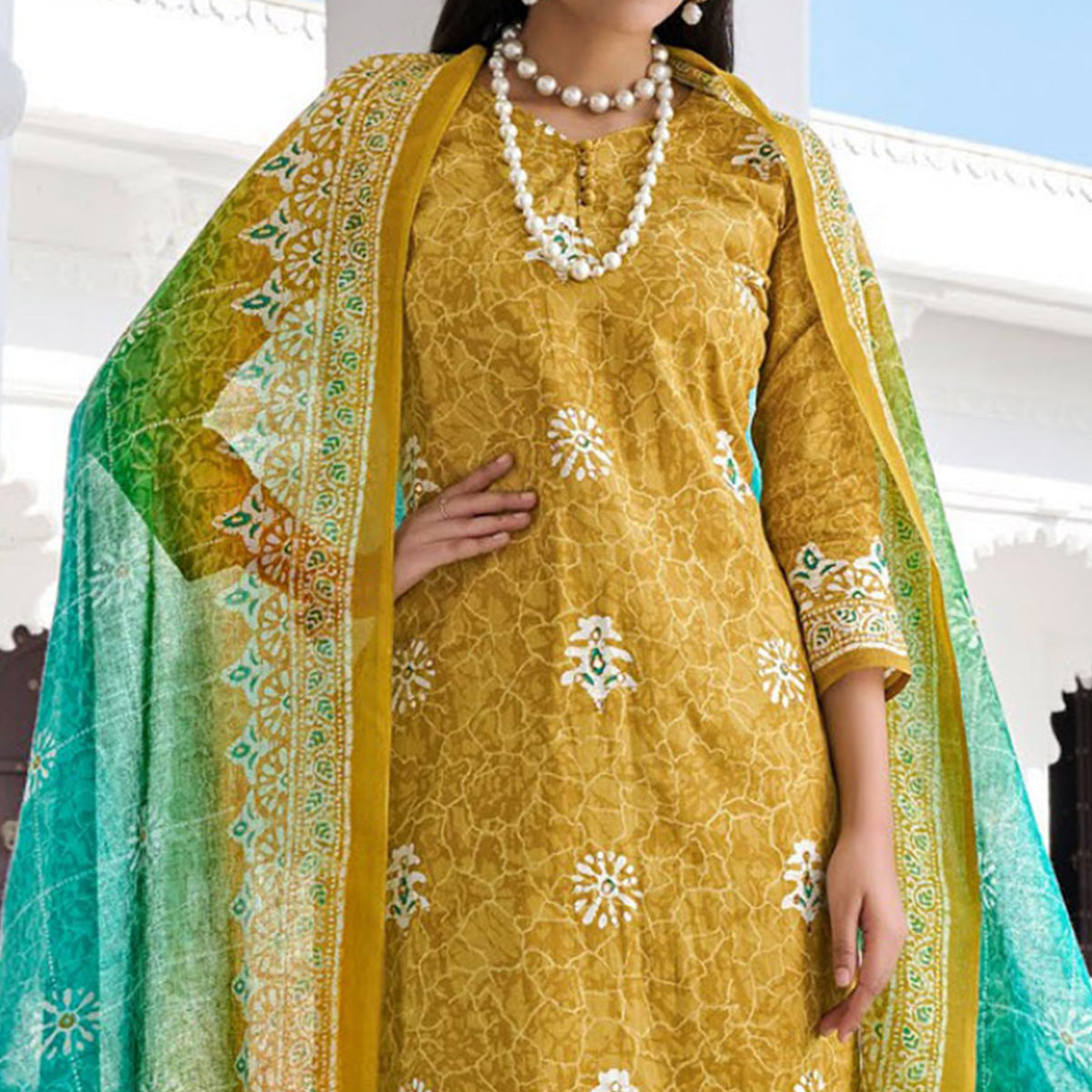 Mehendi Green Digital Printed With Mirror Work Pure Cotton Suit
