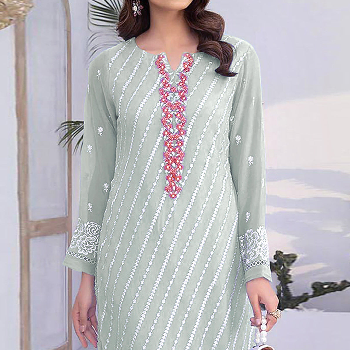 Green Floral Embroidered Georgette Semi Stitched Suit
