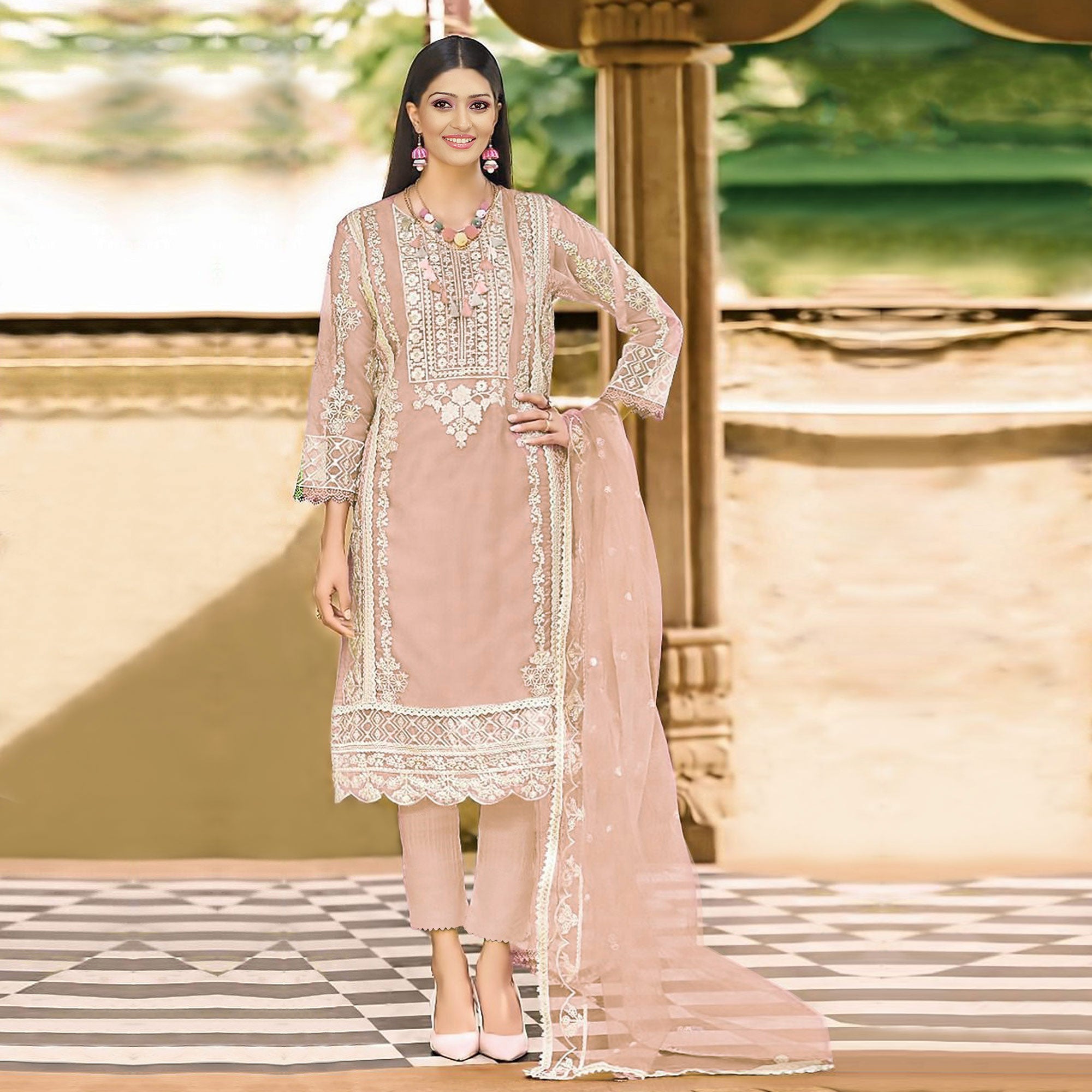 Peach Floral Embroidered Organza Pakistani Suit