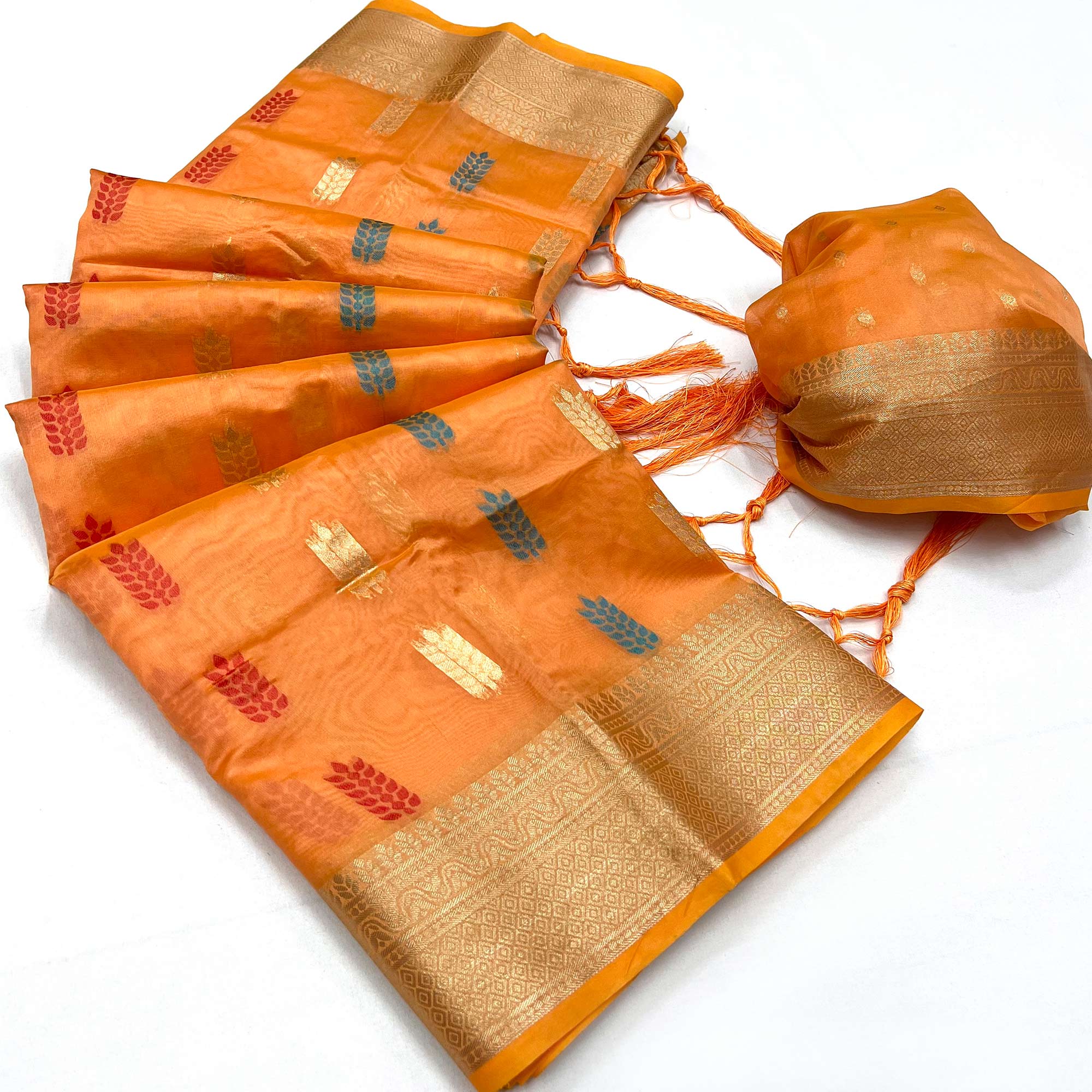 Orange Floral Woven Organza Saree
