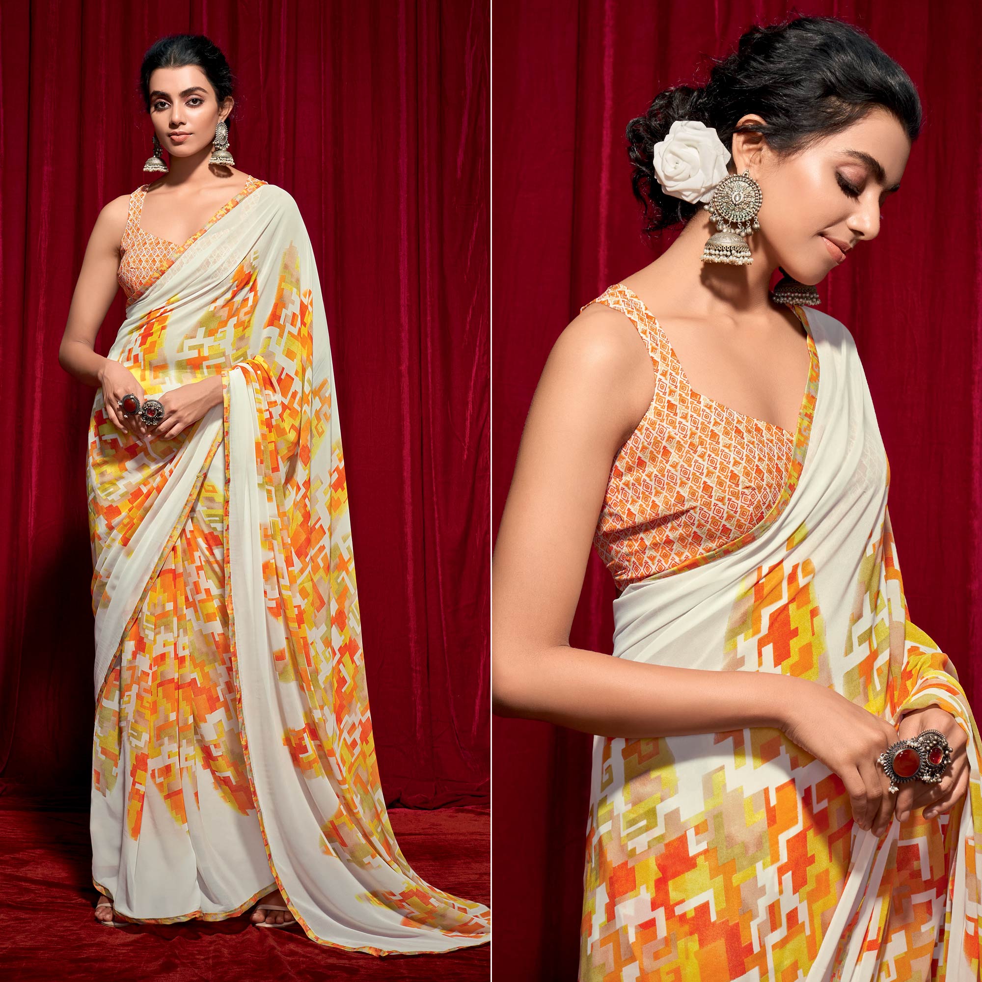 Orange Printed Georgette Saree
