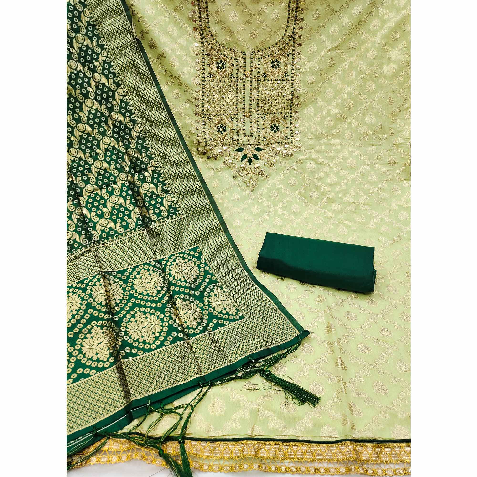 Green Woven With Embroidered Chanderi Dress Material