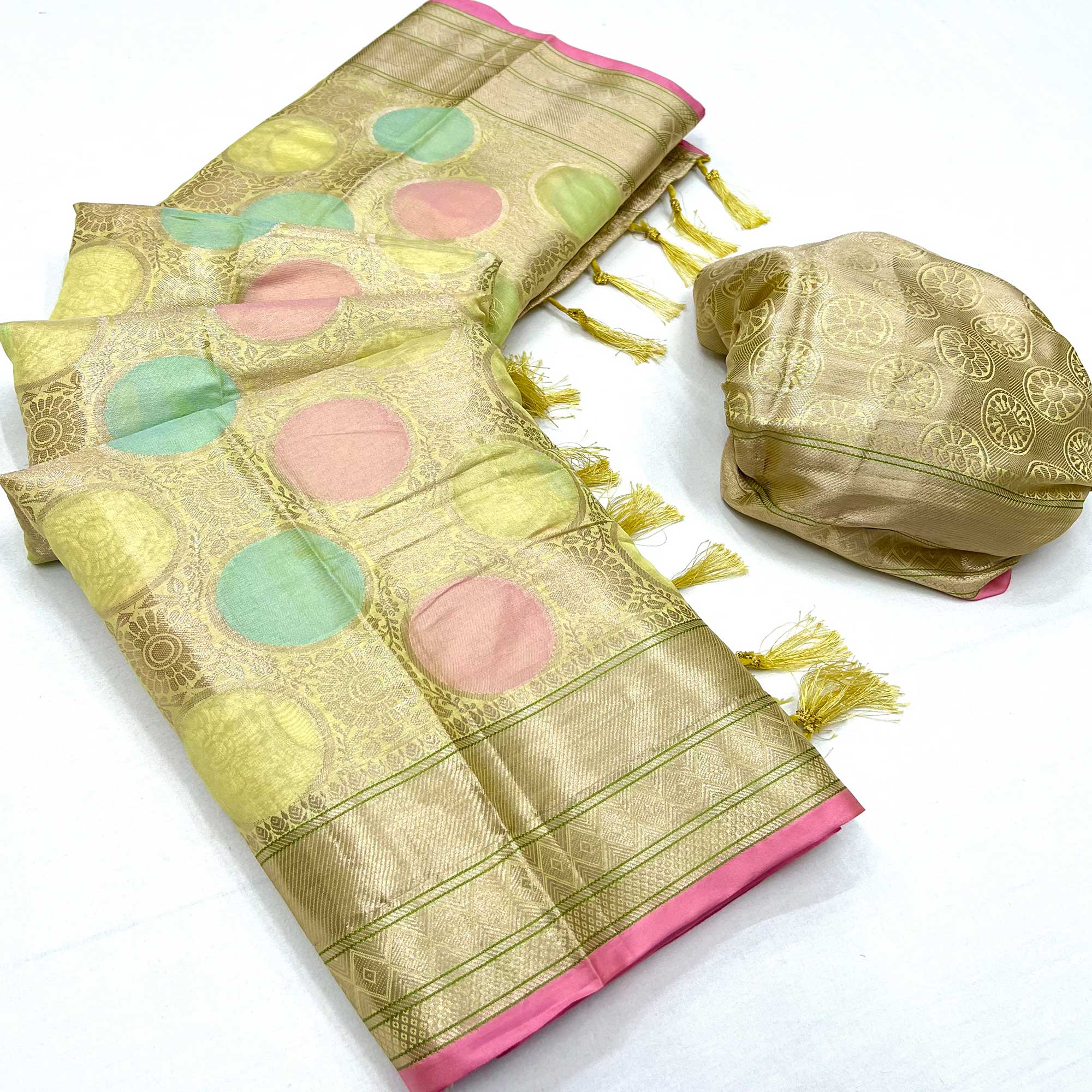 Lemon Green Floral Woven Organza Saree With Tassels