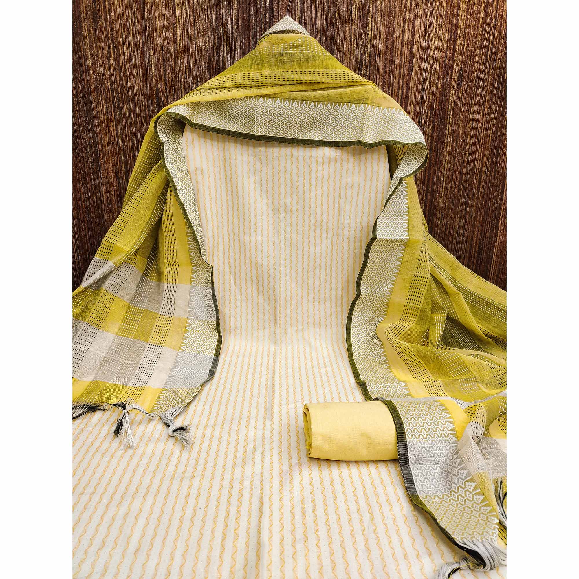 Yellow Striped Printed With Woven Cotton Blend Dress Material