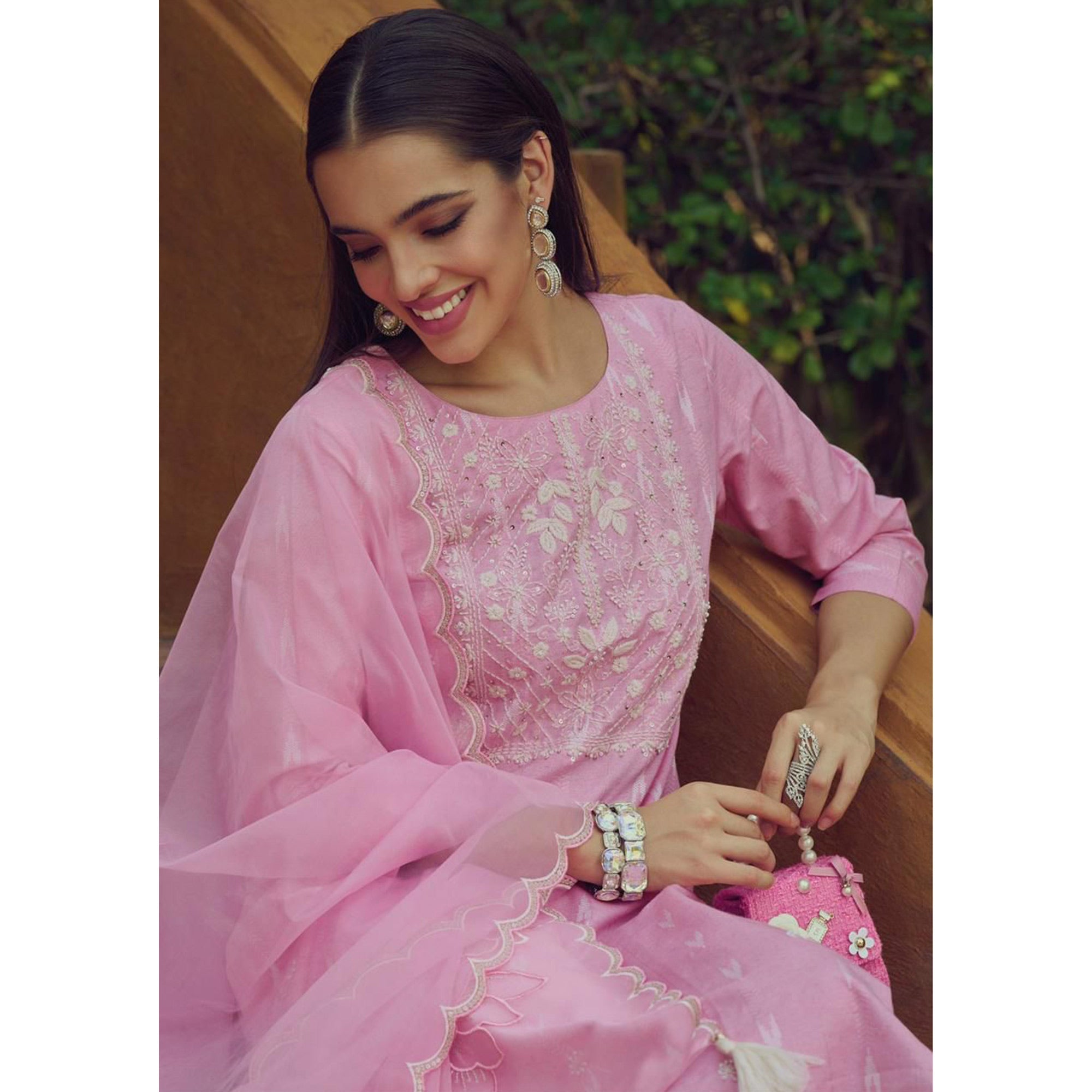Pink Kantha Embroidered Linen Salwar Suit