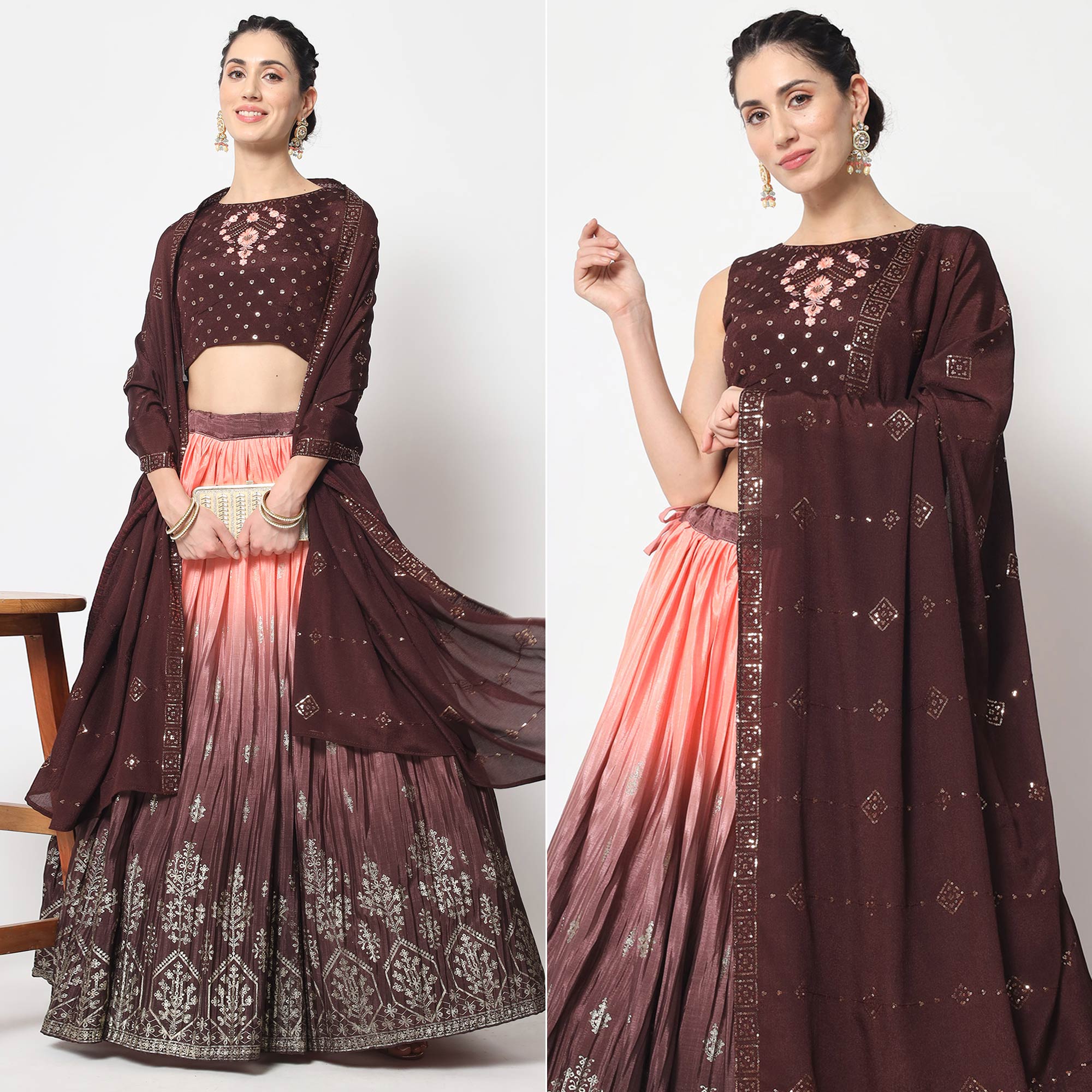 Coffee & Peach Foil Printed Chiffon Lehenga Choli