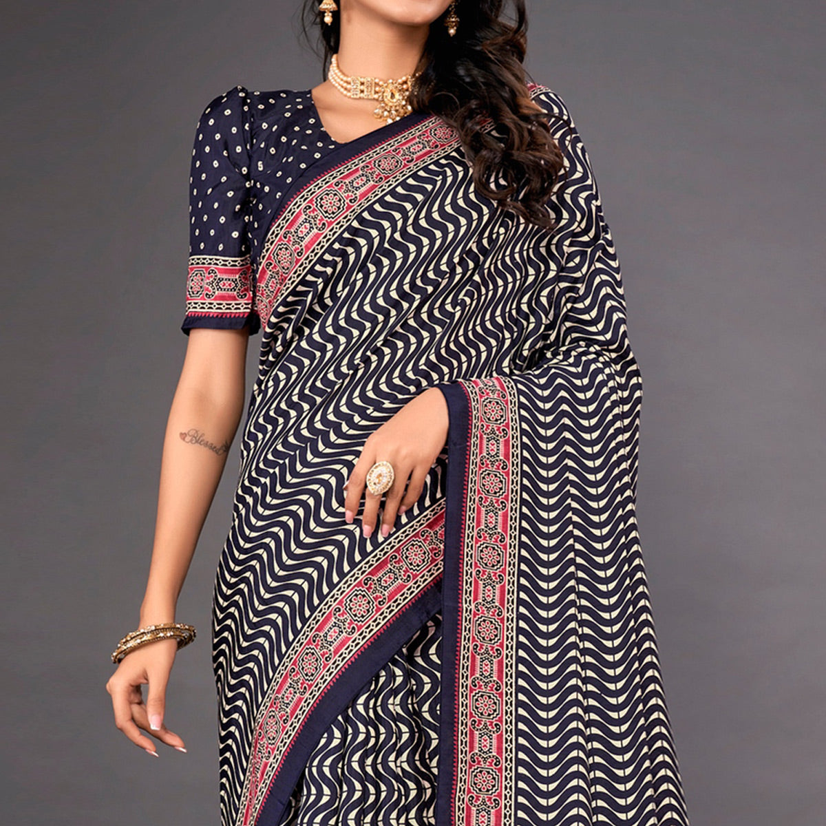 Navy Blue Printed Dola Silk Saree