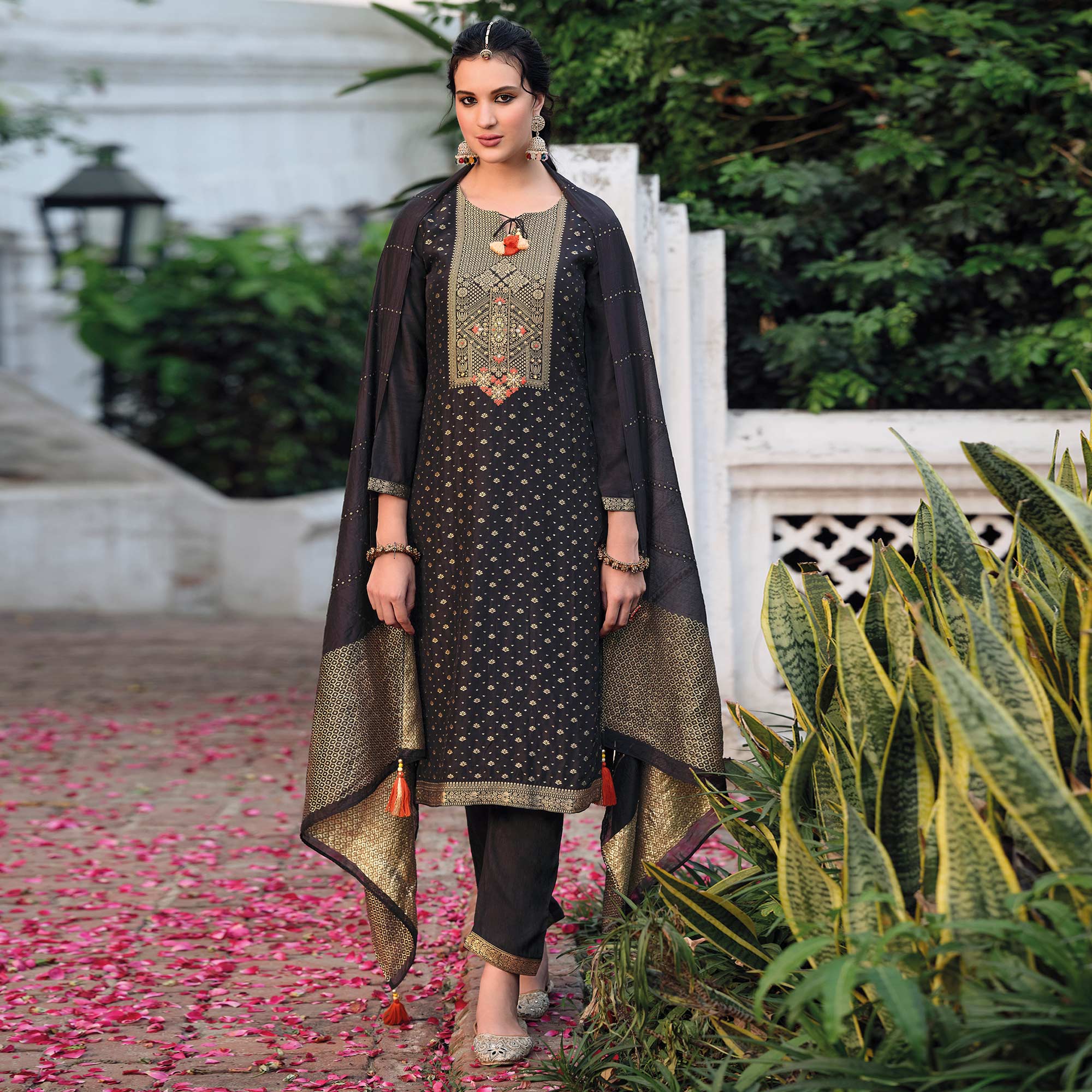 Black Floral Woven Muslin Salwar Suit