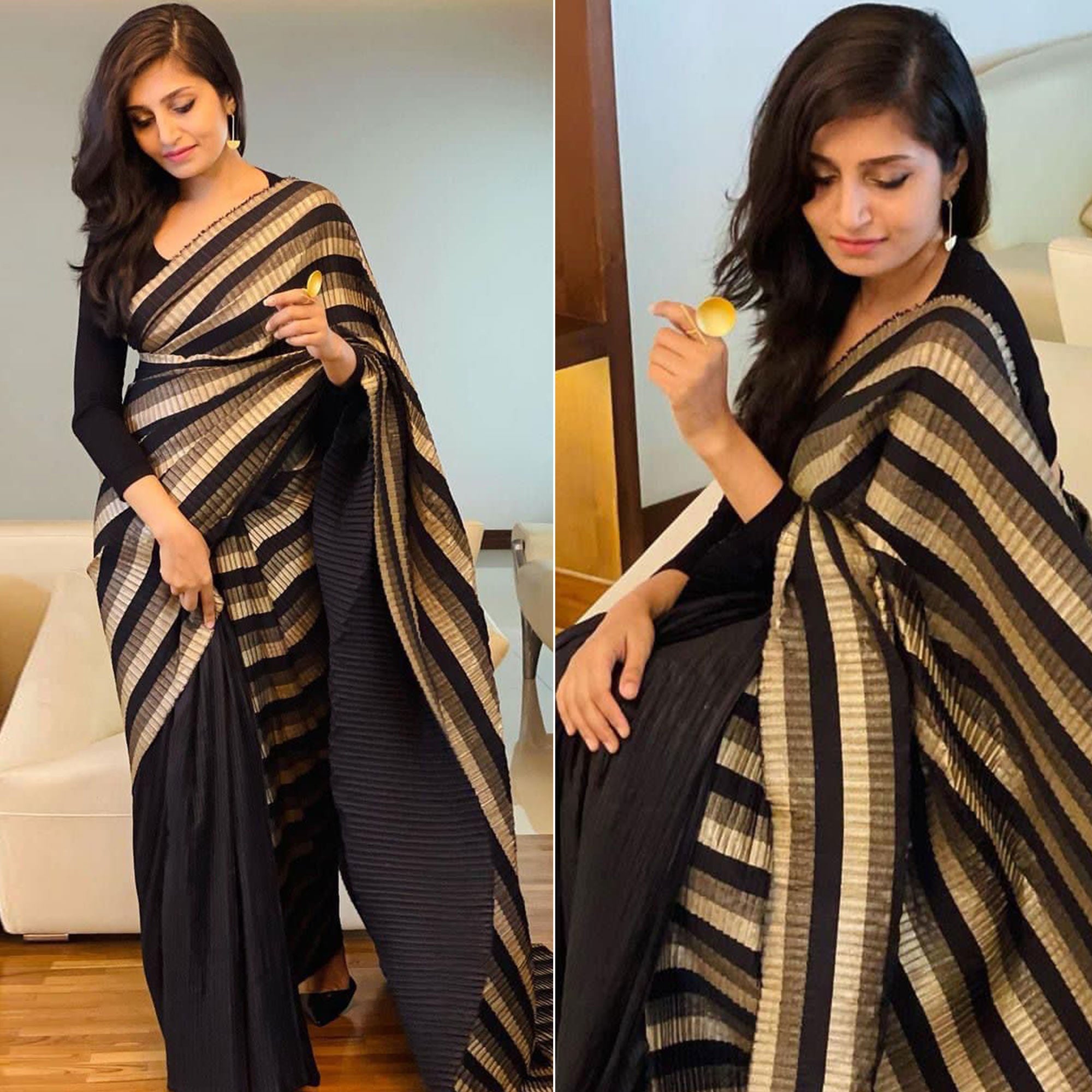 Black Striped Printed Georgette Half & Half Saree