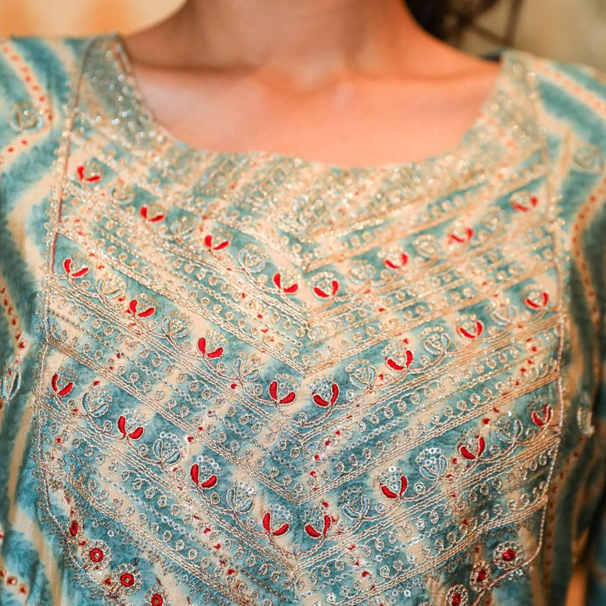 Blue Printed With Embroidered Muslin Naira Cut Kurti