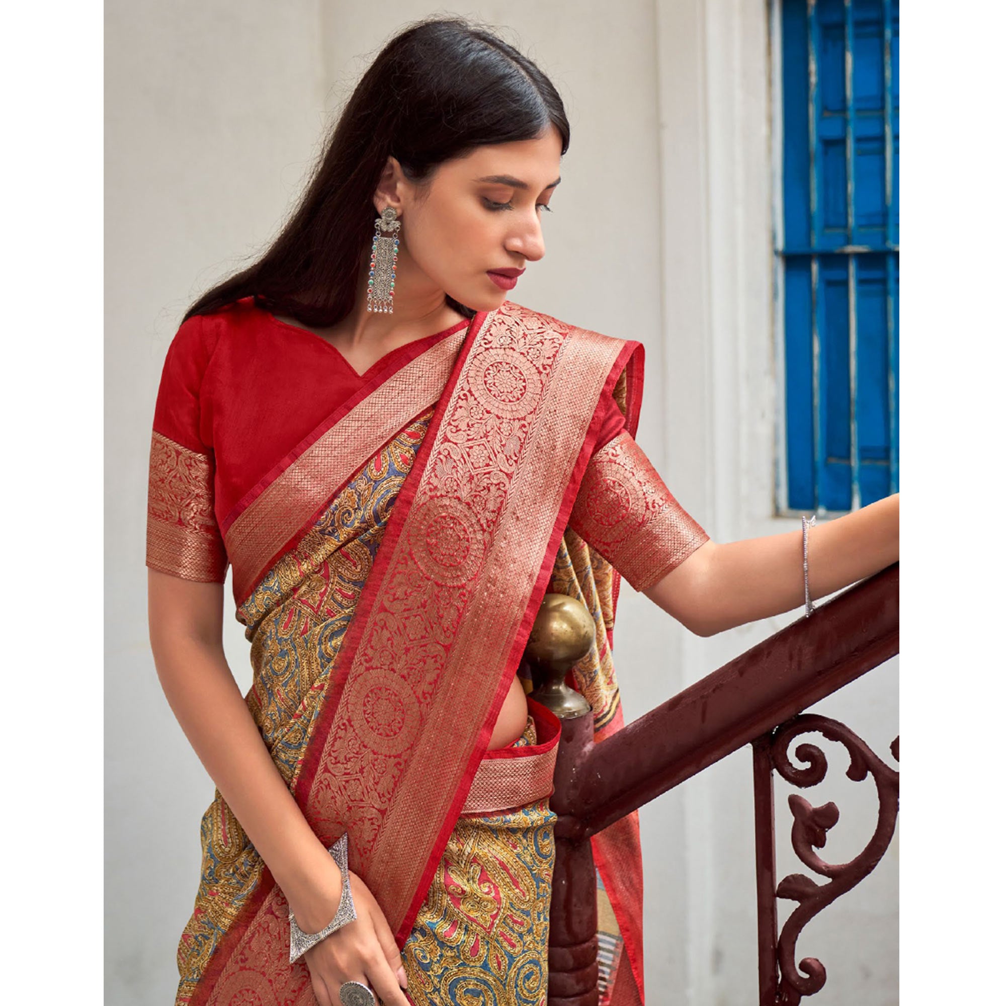 Mustard-Grey Printed With Woven Border Raw Silk Saree