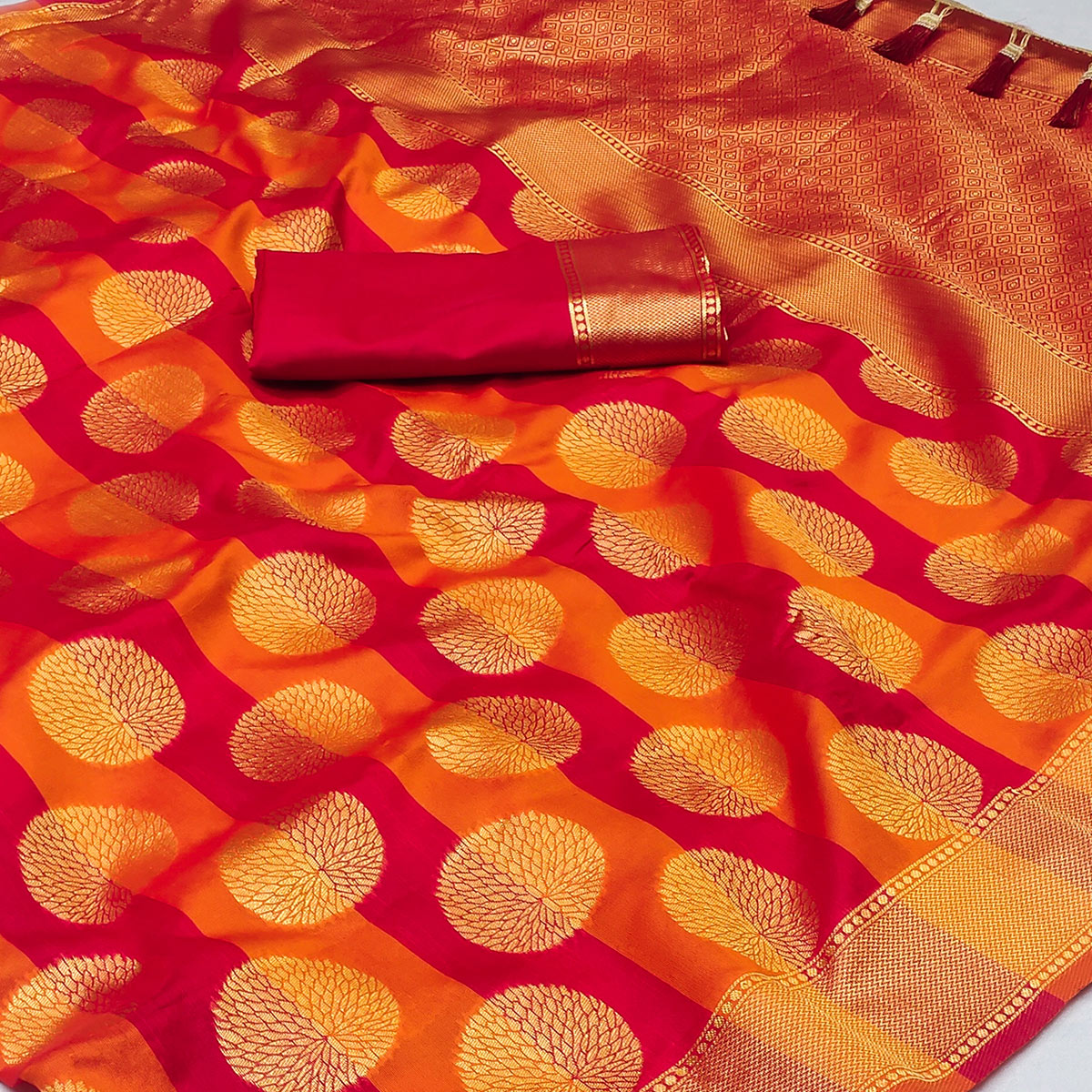 Orange And Pink Woven Jacquard Saree With Tassels