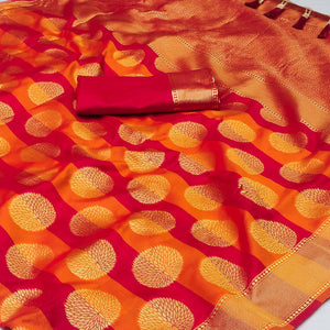Orange And Pink Woven Jacquard Saree With Tassels
