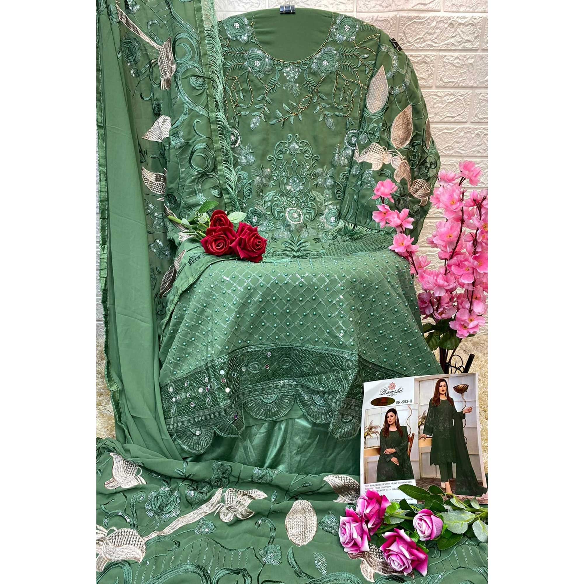 Dark Green Lucknowi Embroidered Georgette Pakistani Suit