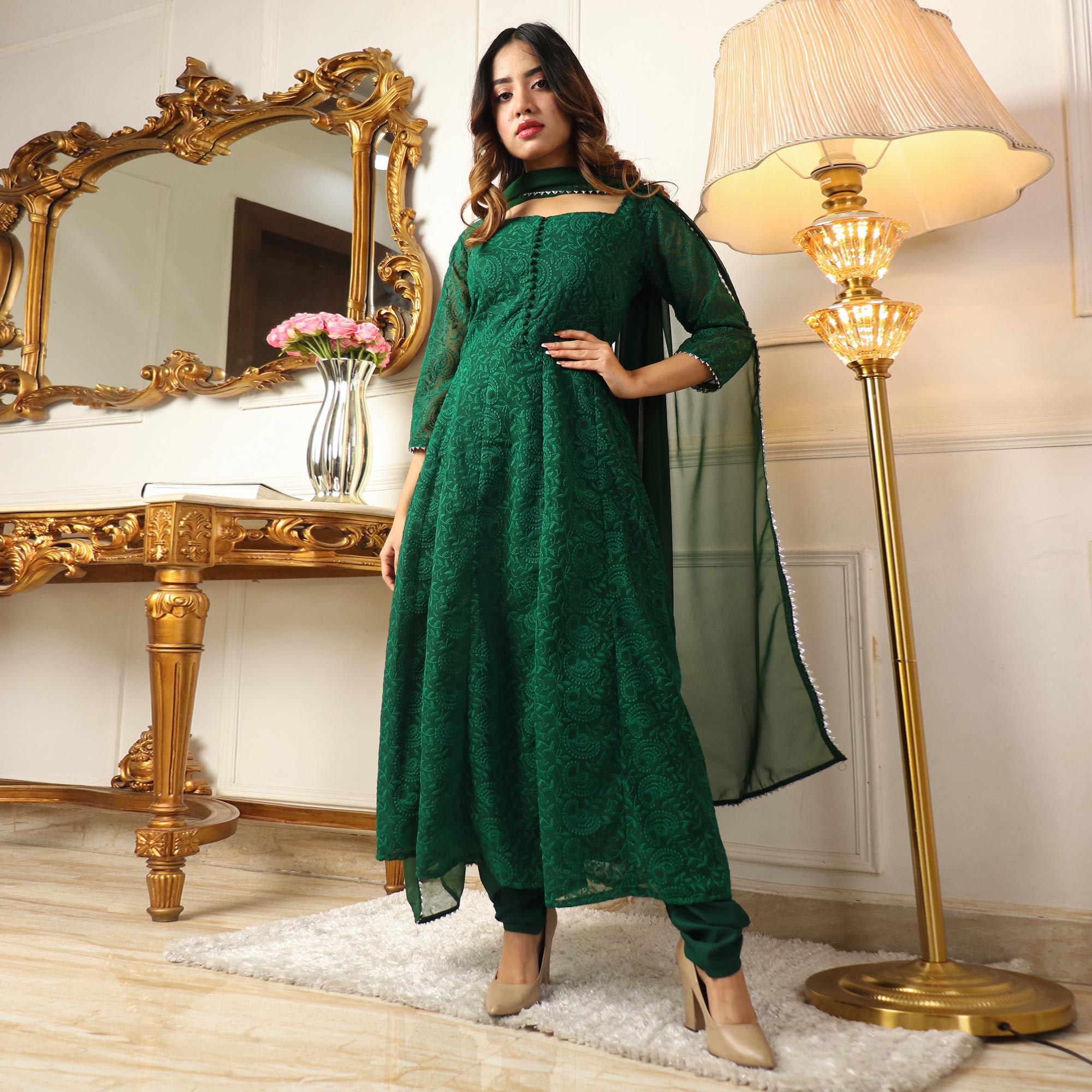 Green Chikankari Work Georgette Anarkali Suit