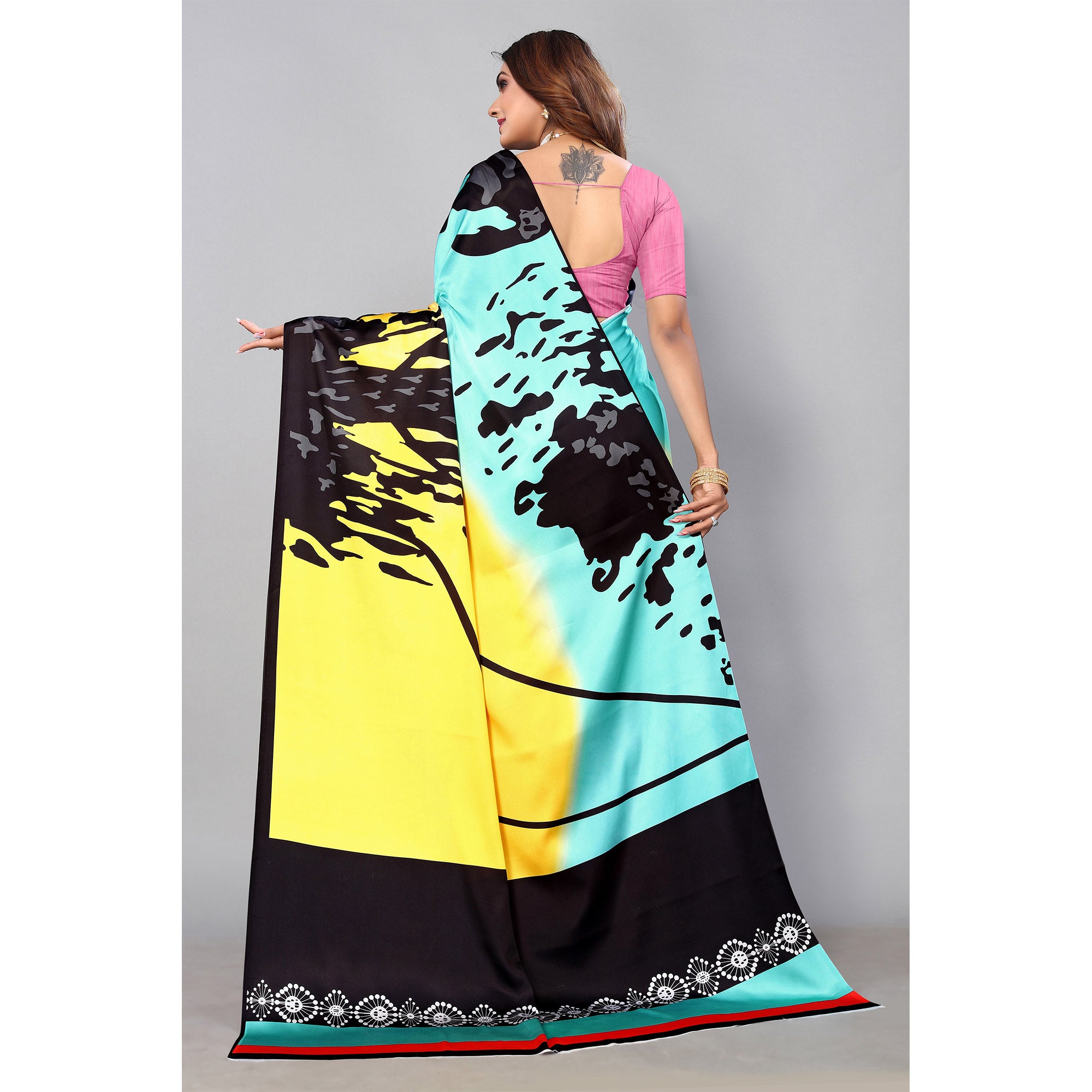 Multicolored Digital Printed Satin Saree