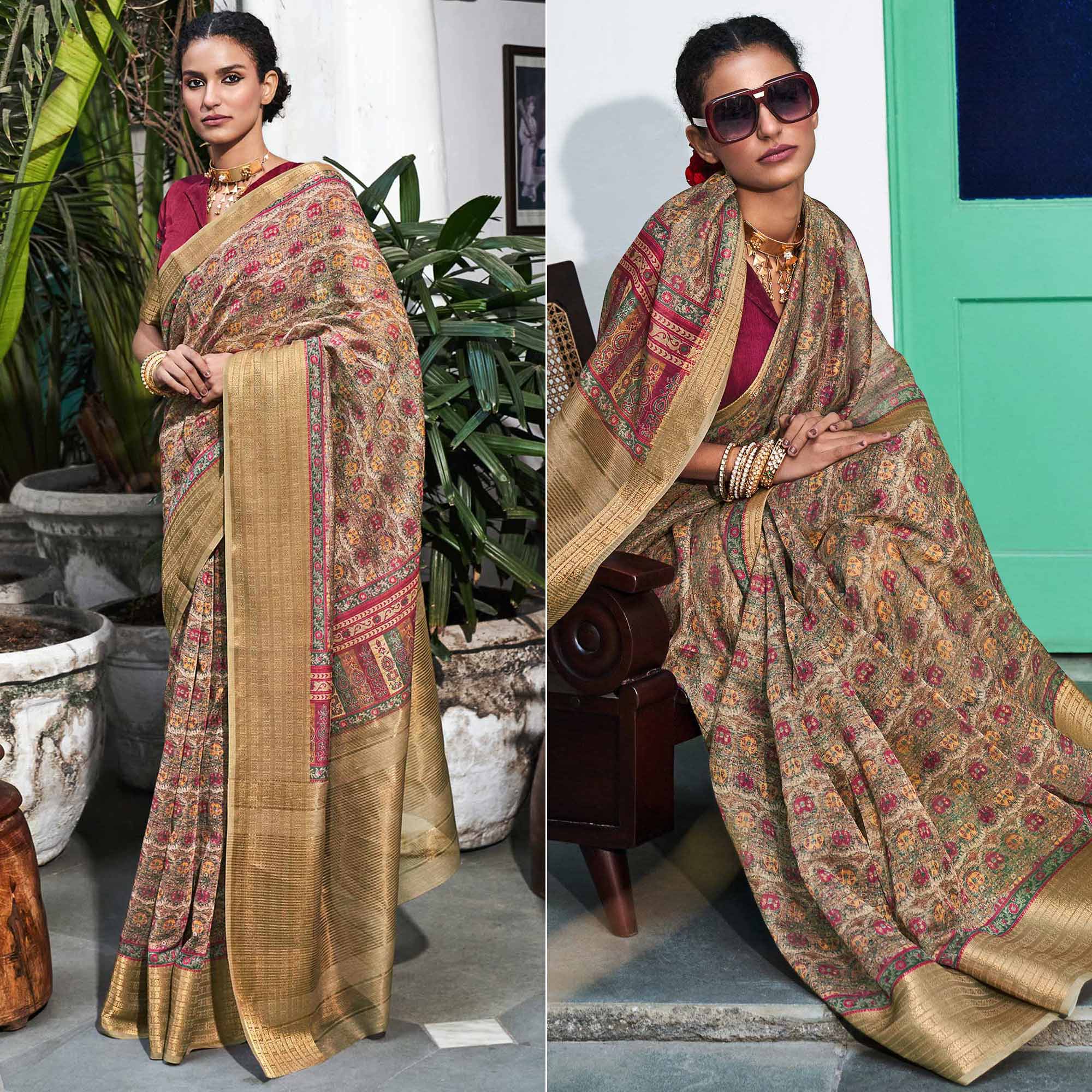 Multicolor Digital Printed Linen Saree