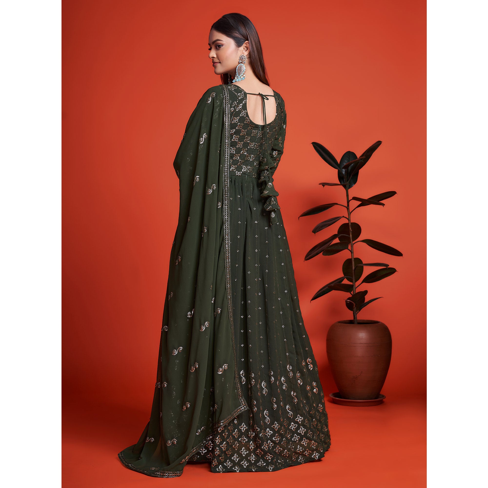 Mehendi Green Sequins Embroidered Georgette Gown With Dupatta