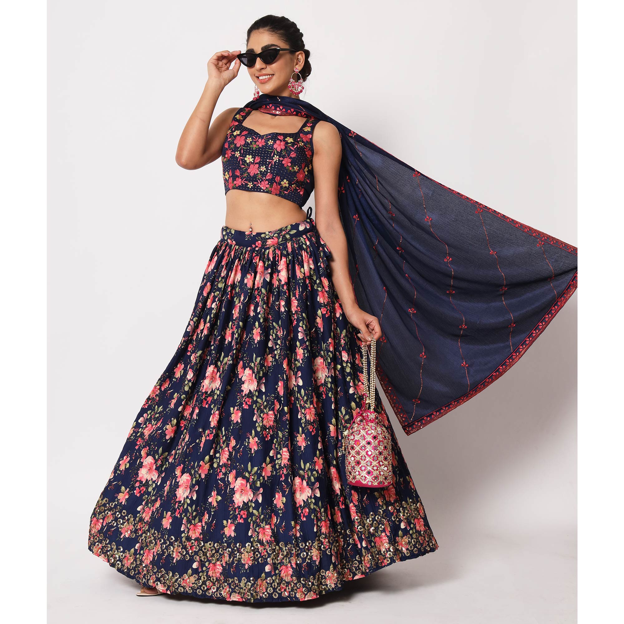 Navy Blue Floral Printed Art Silk Lehenga Choli