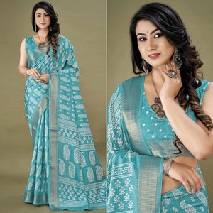 Blue Floral Printed Dola Silk Saree