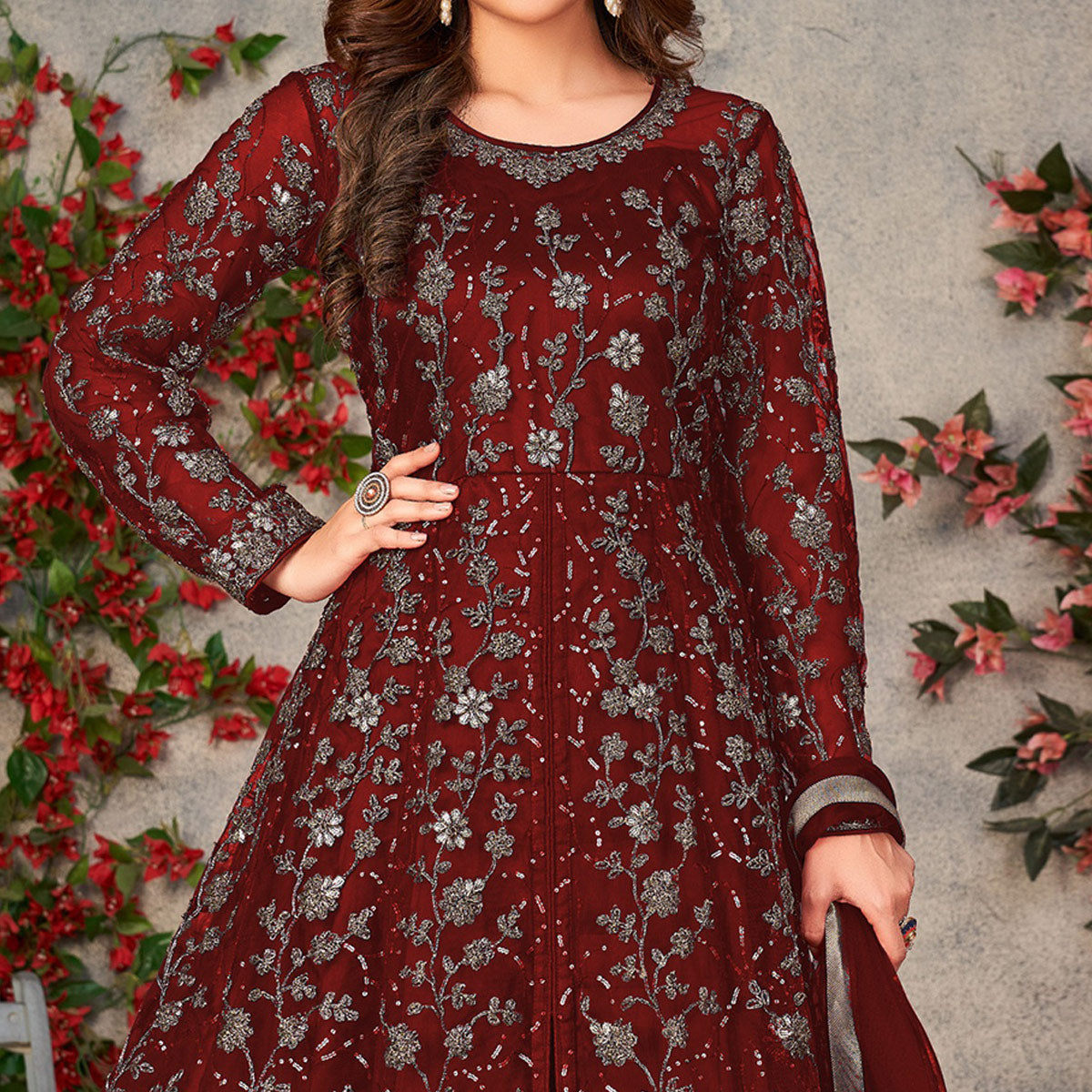 Maroon Zardosi Work Netted Gown