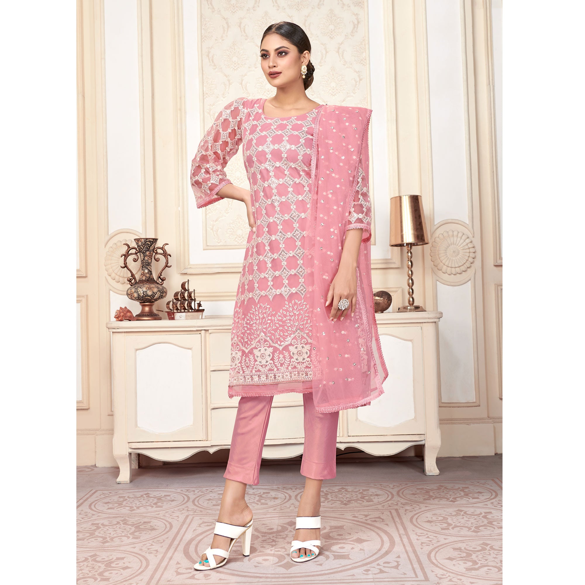 Pink Sequins Embroidered Net Semi Stitched Suit