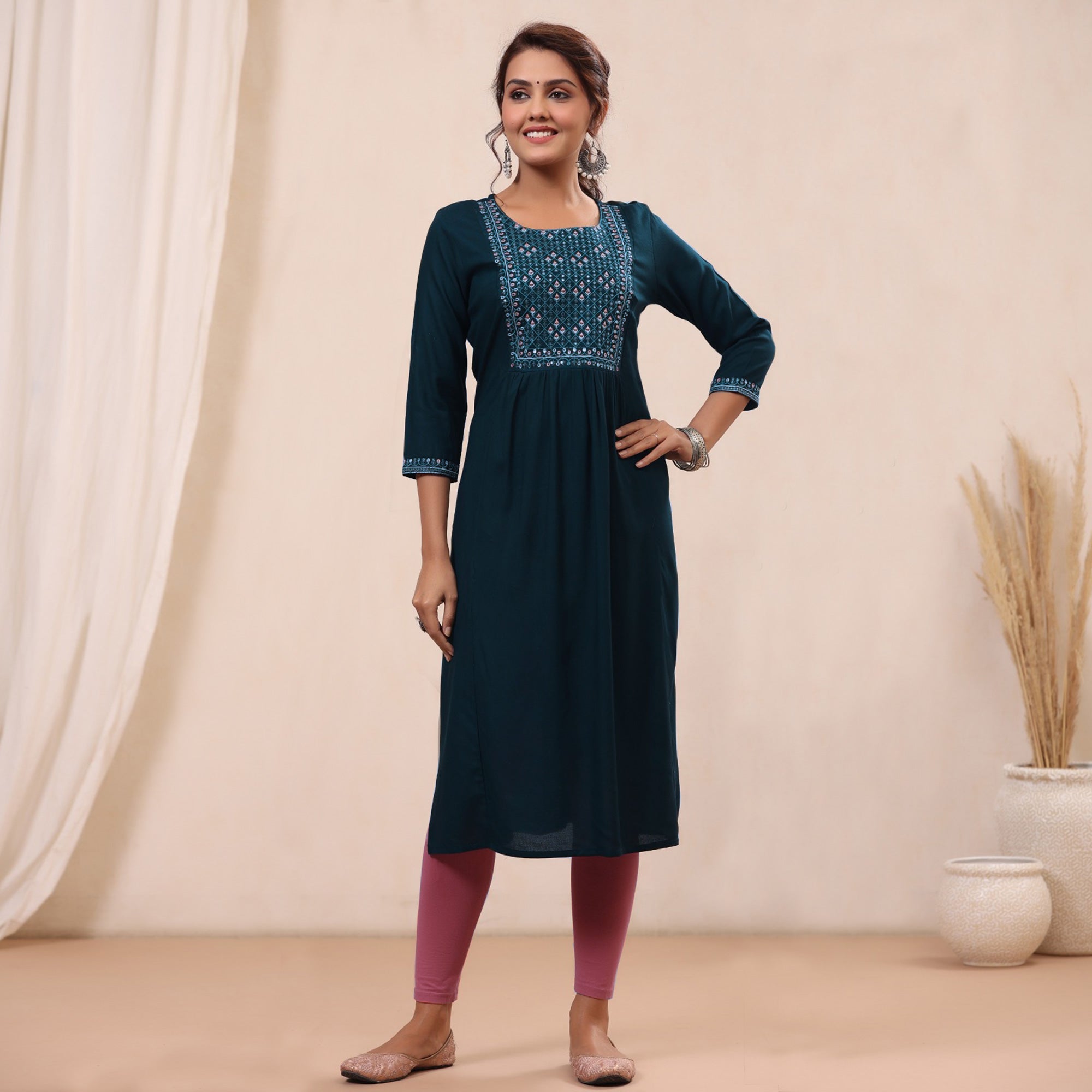Bottle Green Floral Embroidered Rayon Kurti